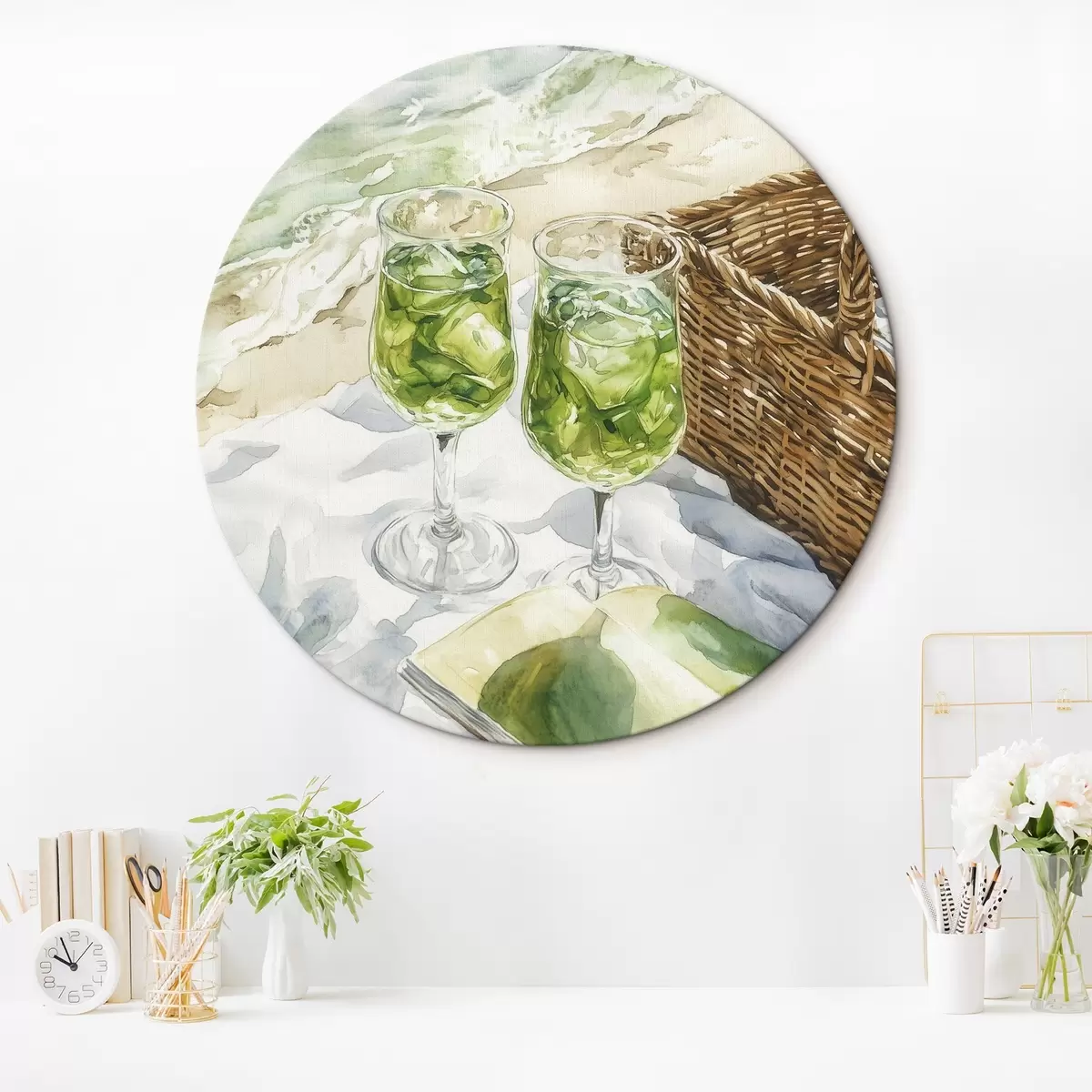 Quadri rotondi Cocktail sulla spiaggia, disegno in stile acquerello, oceano, estate r43067