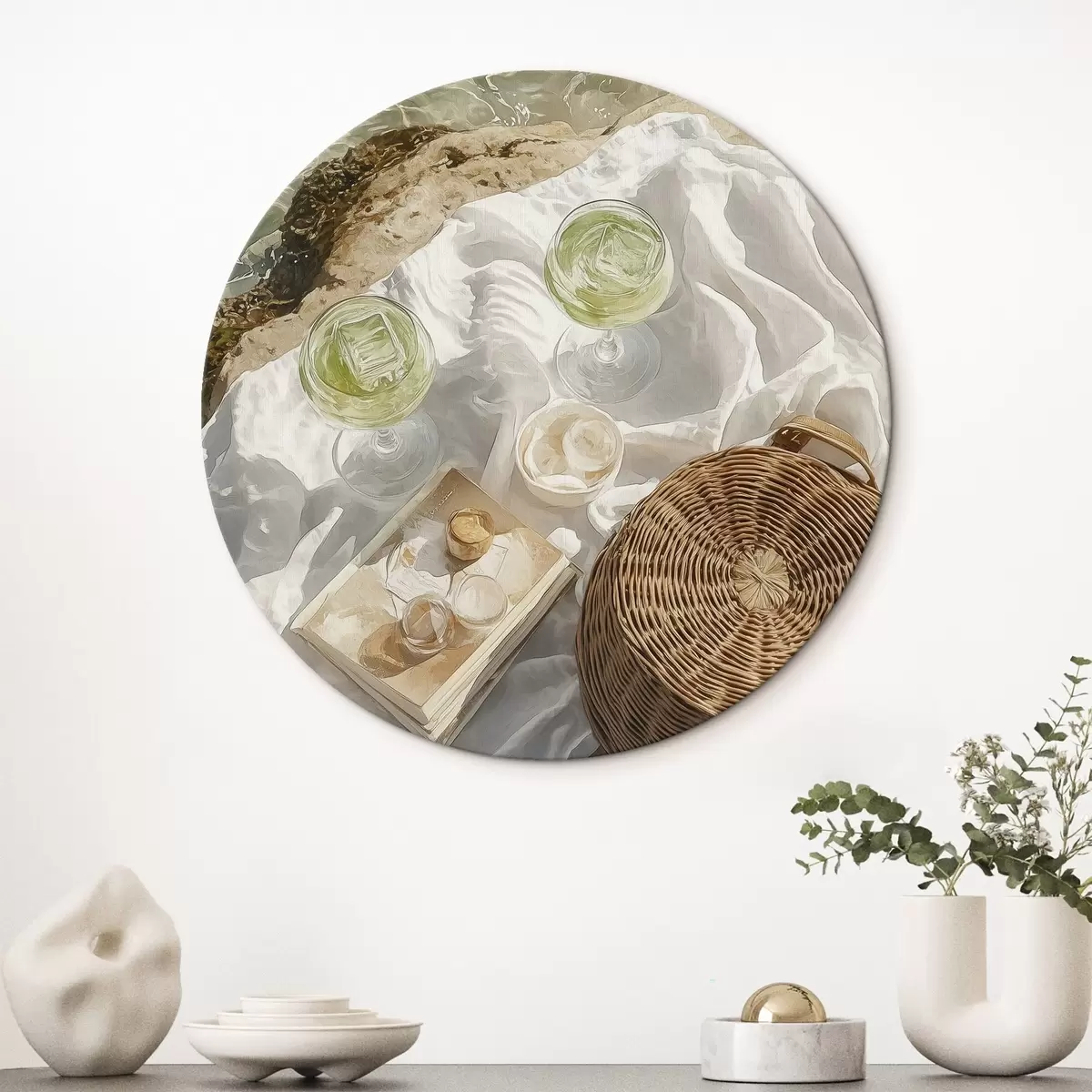 Quadri rotondi Estetica estiva, onde dell'oceano, spiaggia, cocktail, stile acquerello r43069