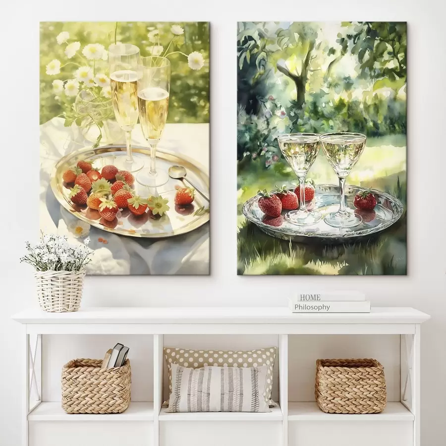 carta da parati Picnic estivo, bicchieri di champagne con fragole sul vassoio, fiori di camomilla nr. m00414