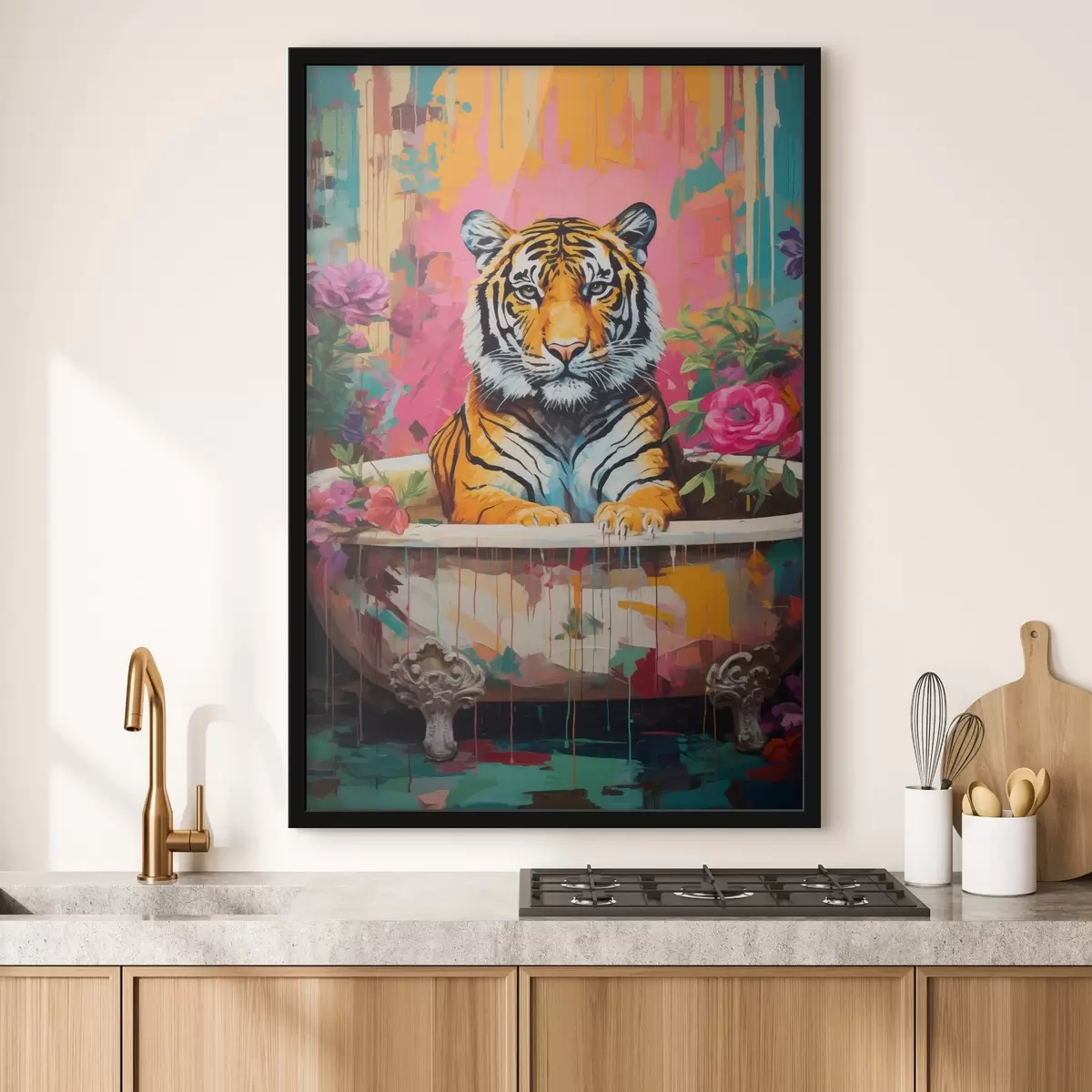 Poster Una tigre astratta in una vasca da bagno, circondata da fiori vivaci f43134