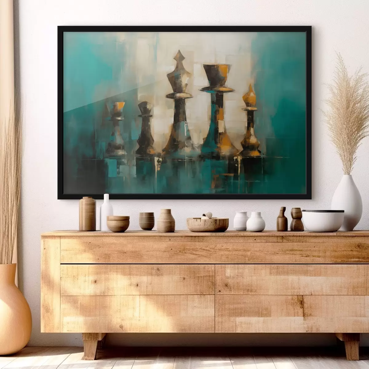 Poster Una composizione pittorica astratta di pezzi di scacchi in tonalità  f43137