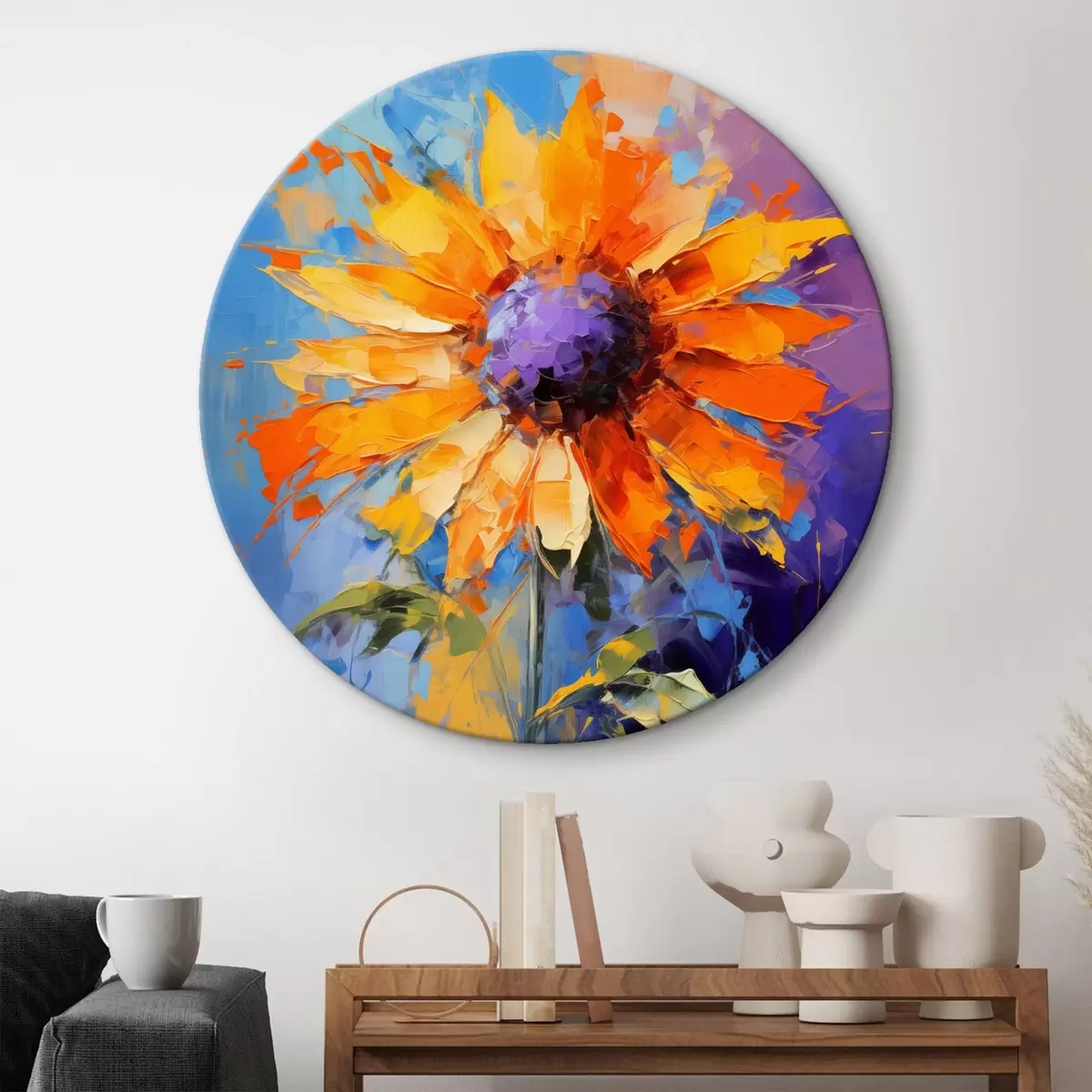 Quadri rotondi Un vivace girasole in stile pittura astratta r43133
