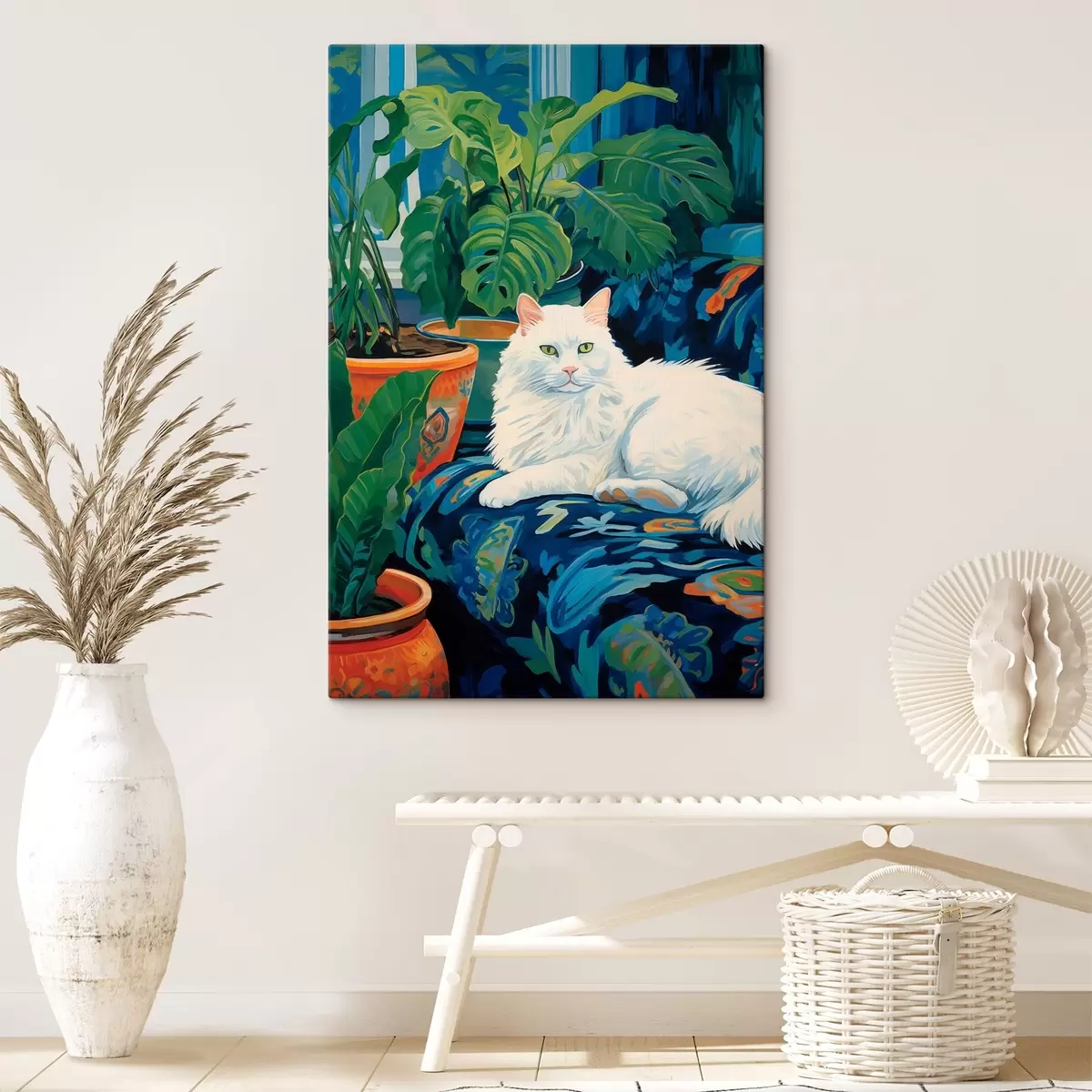 carta da parati Un gatto bianco in mezzo al verde e ai vasi di ceramica nr. s43131