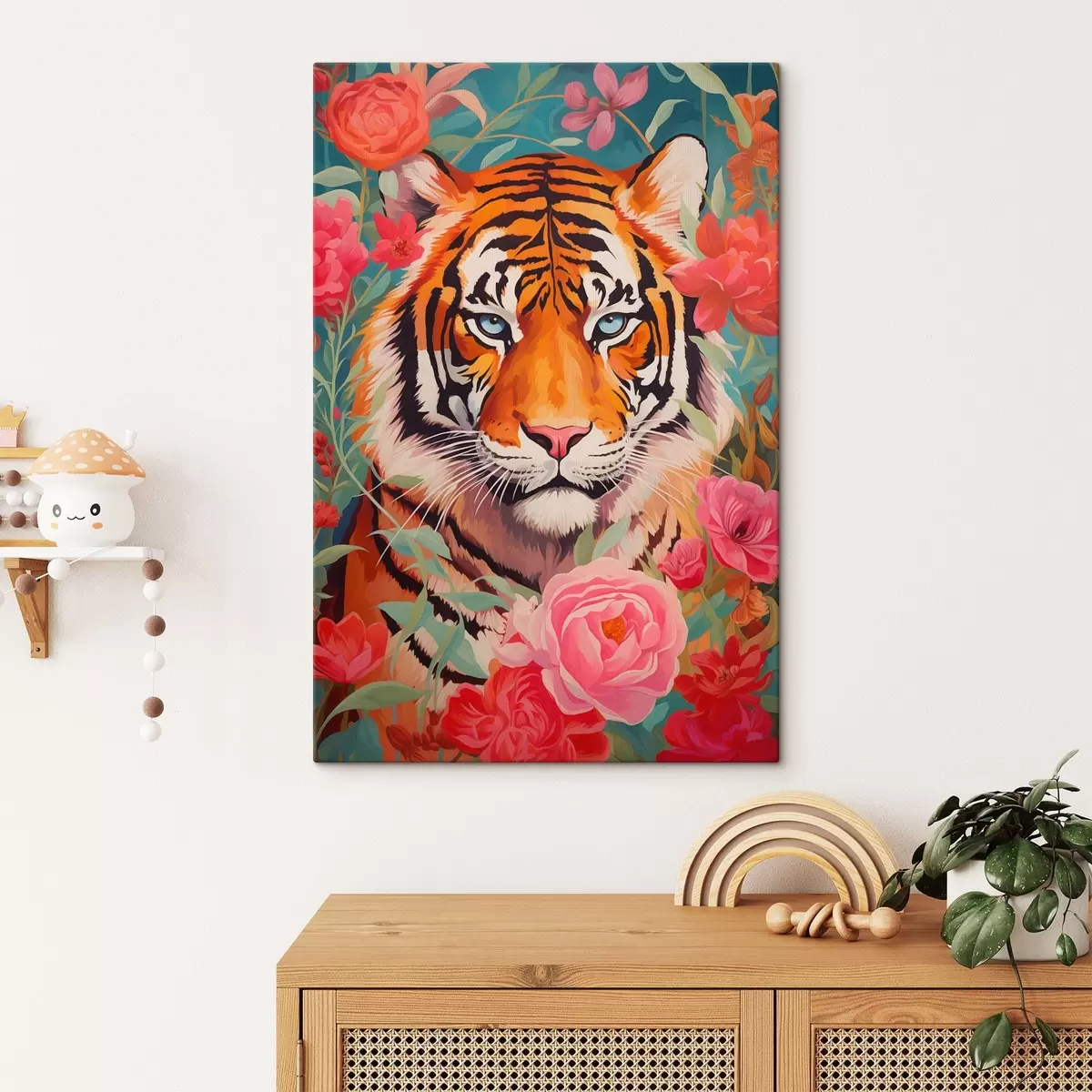 carta da parati Lo sguardo ipnotico di una tigre in mezzo a rose vibranti nr. s43132