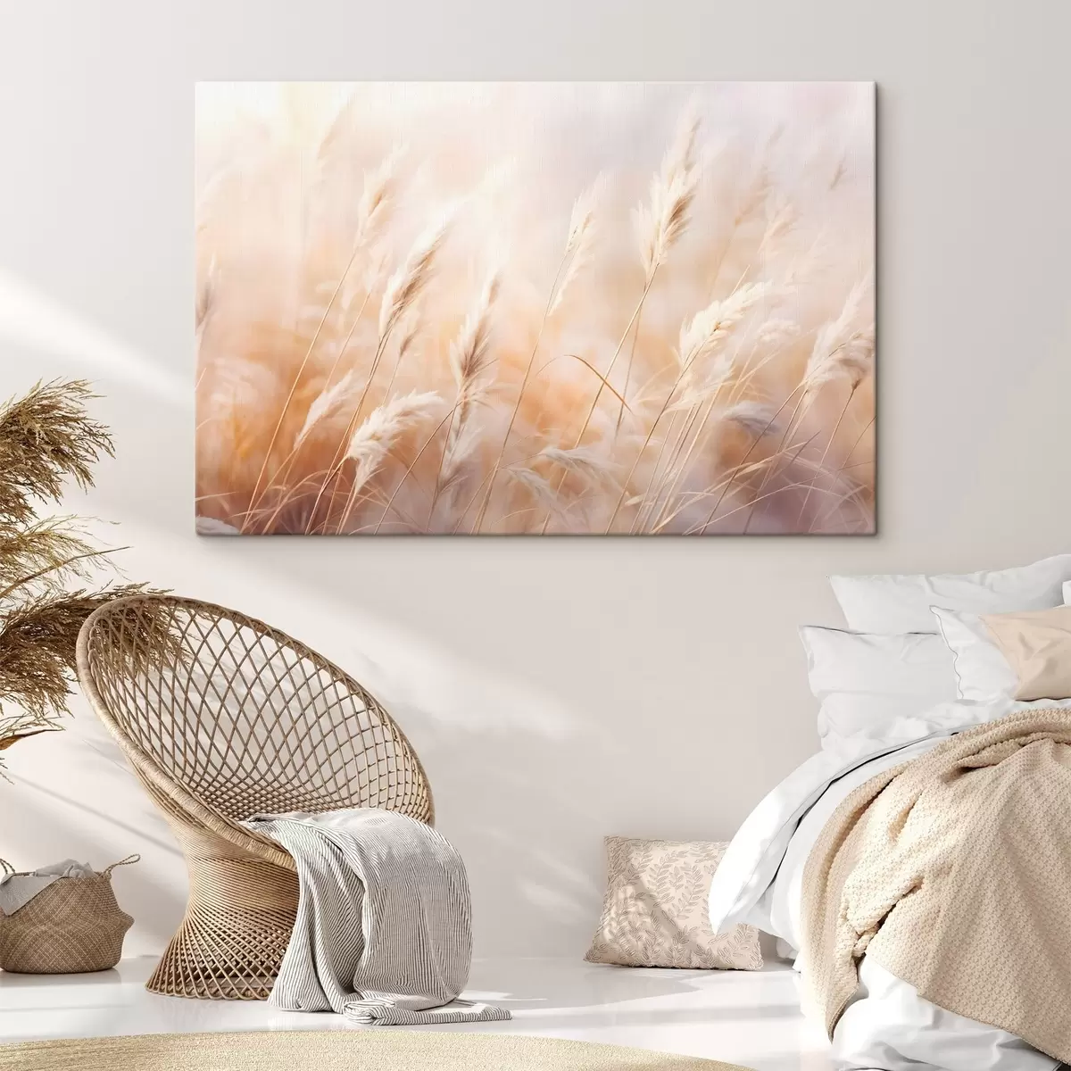 carta da parati Erba della Pampa con una luce morbida e diffusa, che crea un'atmosfera calda, lo sfondo è una miscela di colori pastello nr. s43157