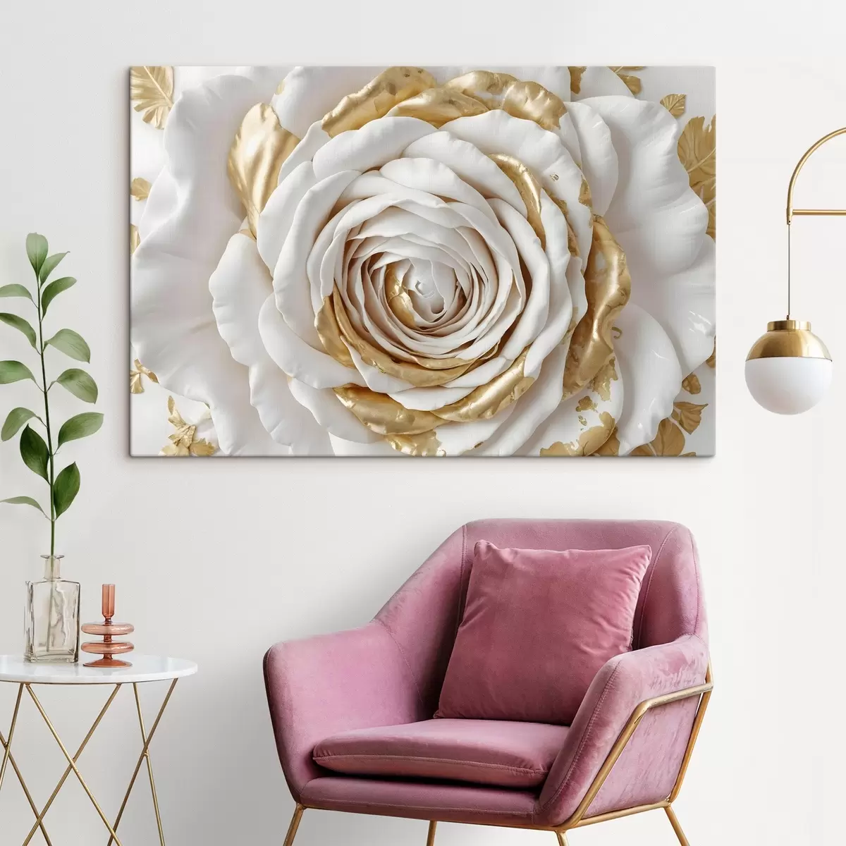carta da parati Una rosa decorativa minimalista bianca con accenti gialli, i petali sono stratificati e arricciati nr. s43160