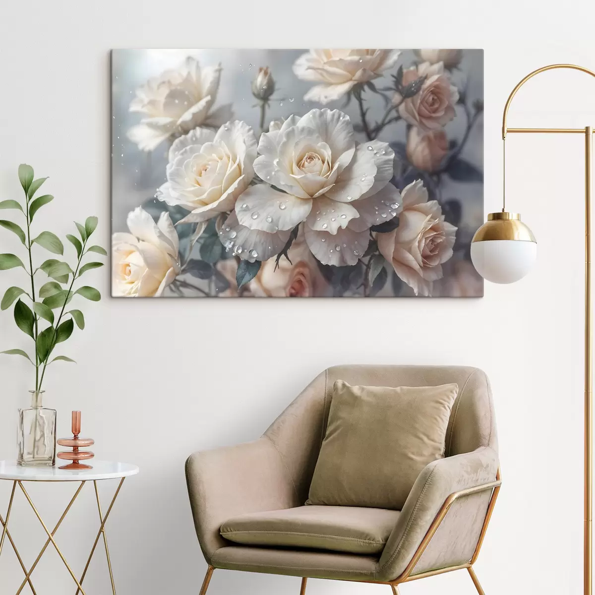 carta da parati Un gruppo di rose bianche con gocce d'acqua sui petali, alcune foglie verdi, sfondo tenue, luce soffusa nr. s43163