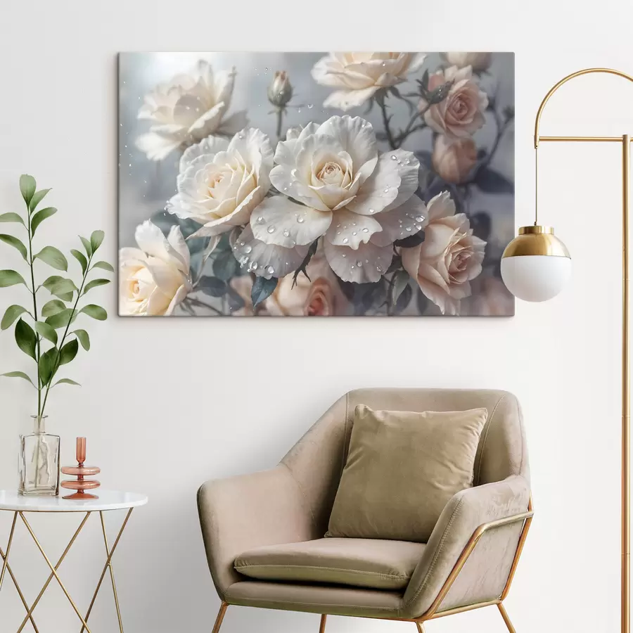 carta da parati Un gruppo di rose bianche con gocce d'acqua sui petali, alcune foglie verdi, sfondo tenue, luce soffusa nr. s43163