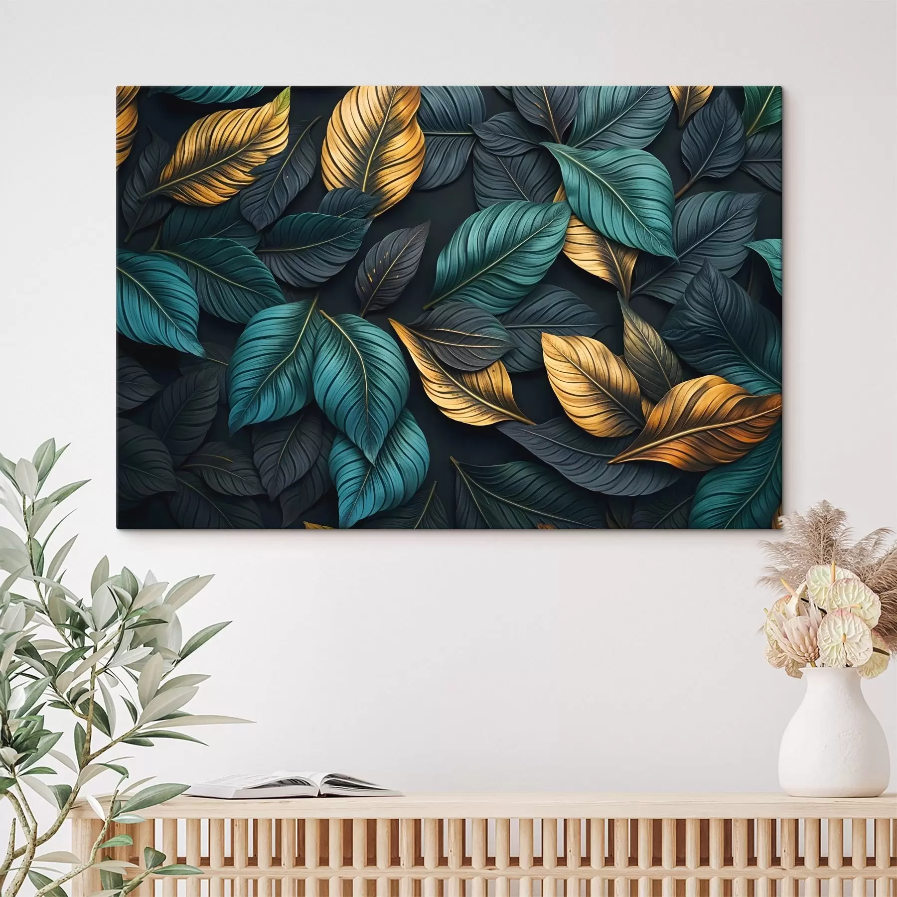 carta da parati Foglie verde scuro, gialle e nere con venature scure, su sfondo scuro, elegante atmosfera tropicale nr. s43164