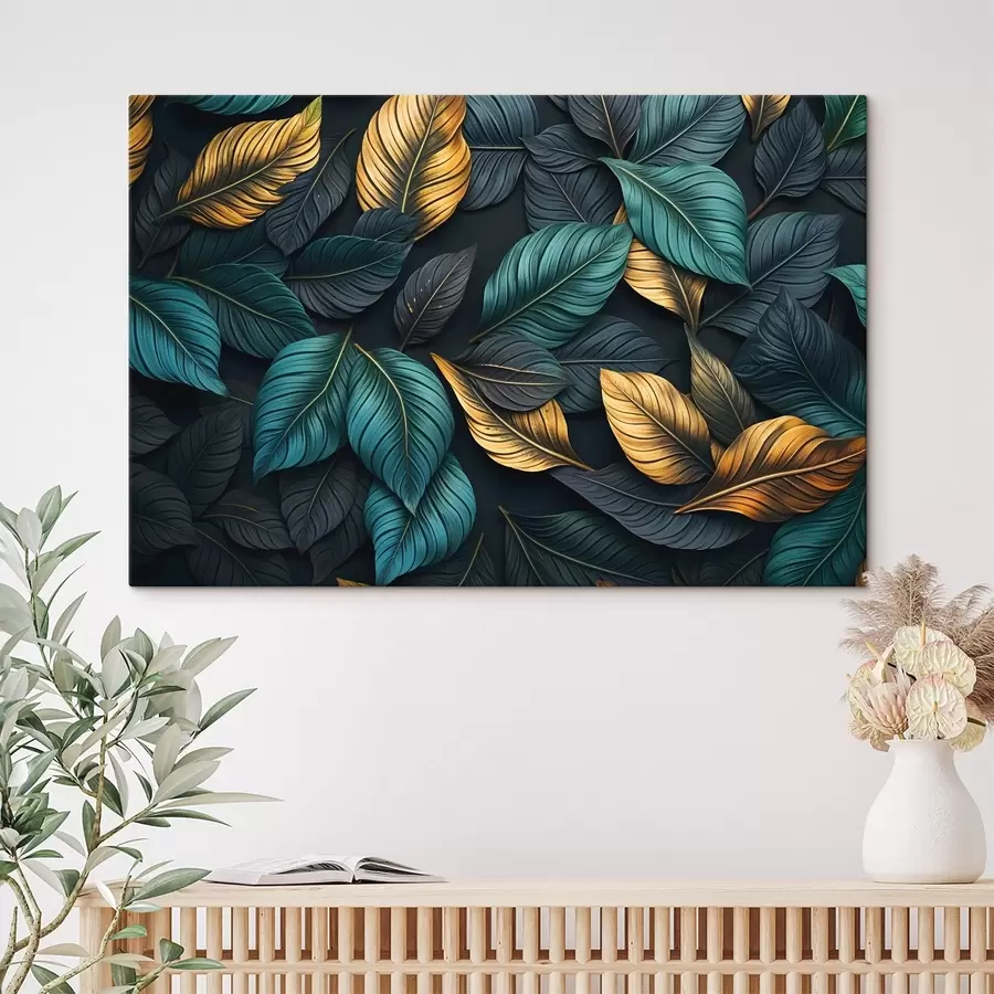 carta da parati Foglie verde scuro, gialle e nere con venature scure, su sfondo scuro, elegante atmosfera tropicale nr. s43164