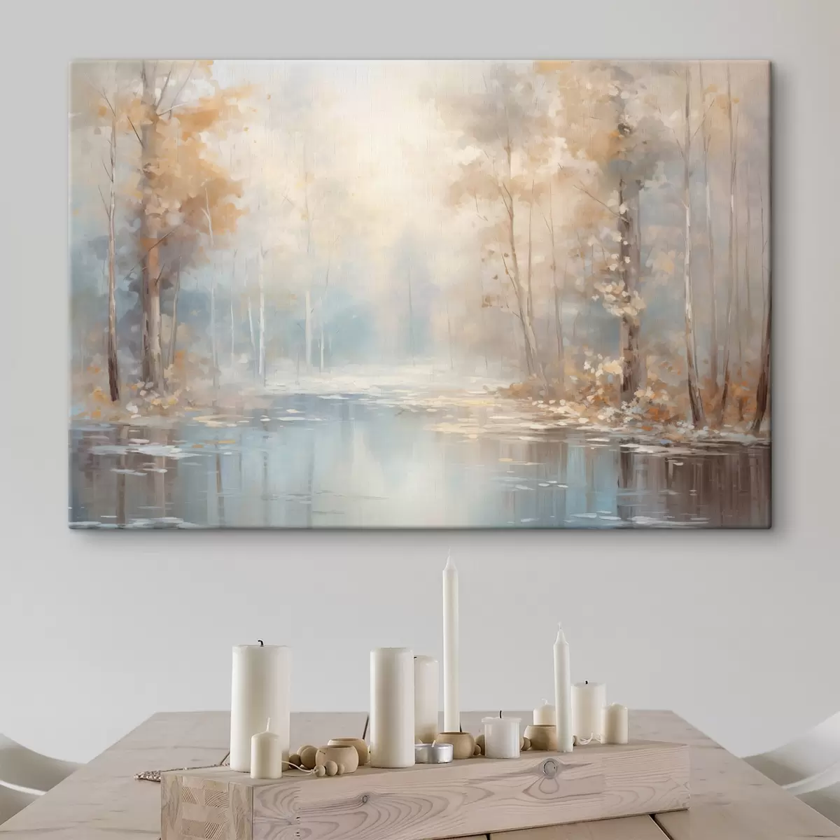 carta da parati Paesaggio pittura ad olio imitazione di un fiume calmo che riflette la luce morbida, circondato da alberi d'autunno nr. s43167