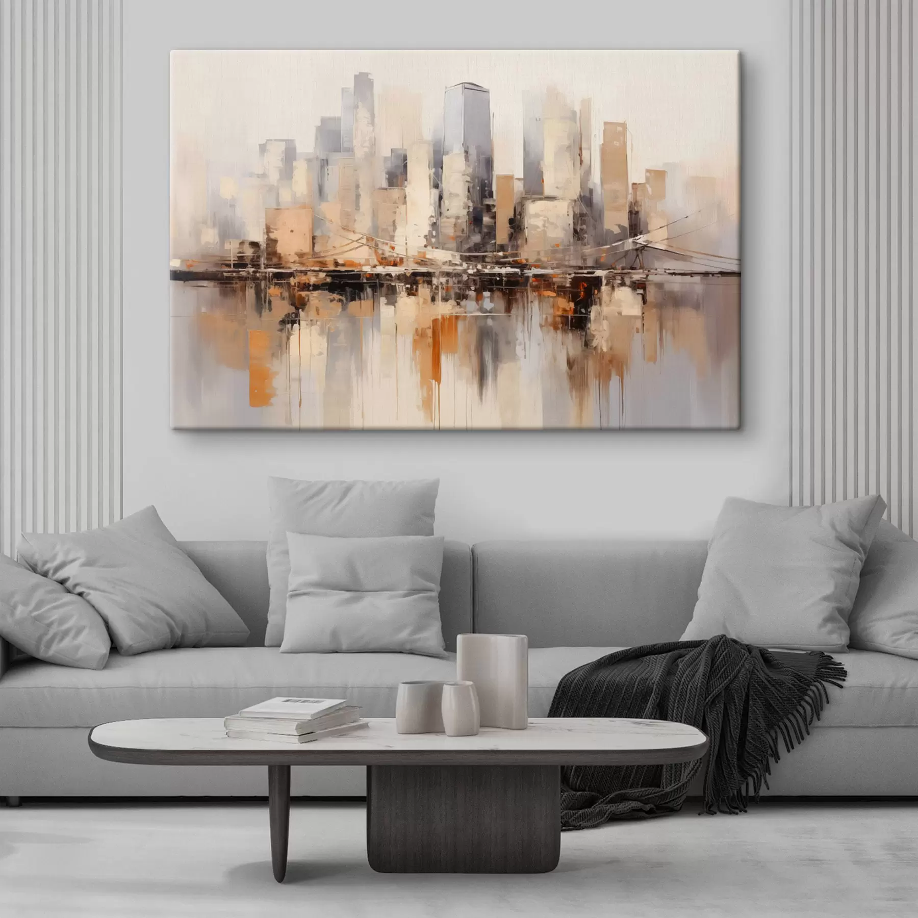 carta da parati Quadro astratto di paesaggio urbano con alti edifici nei toni del marrone, del grigio e del bianco, riflessi nell'acqua sottostante  nr. s43168