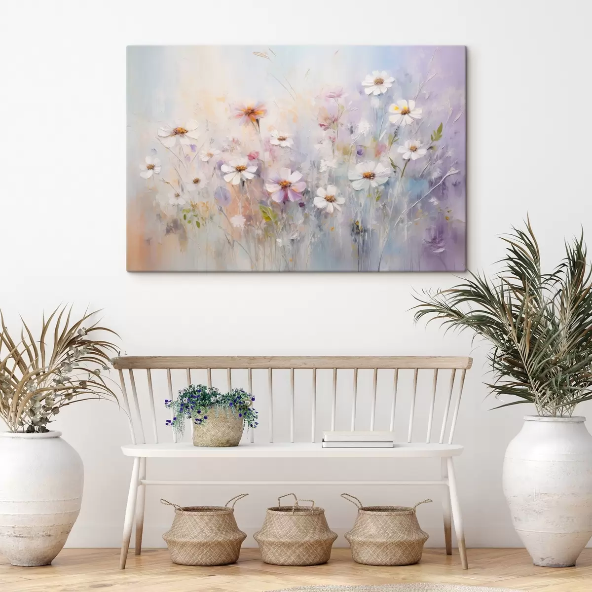 carta da parati Campo astratto strutturato di fiori bianchi e rosa, colori pastello tenui, pennellate delicate, prato floreale nr. s43170