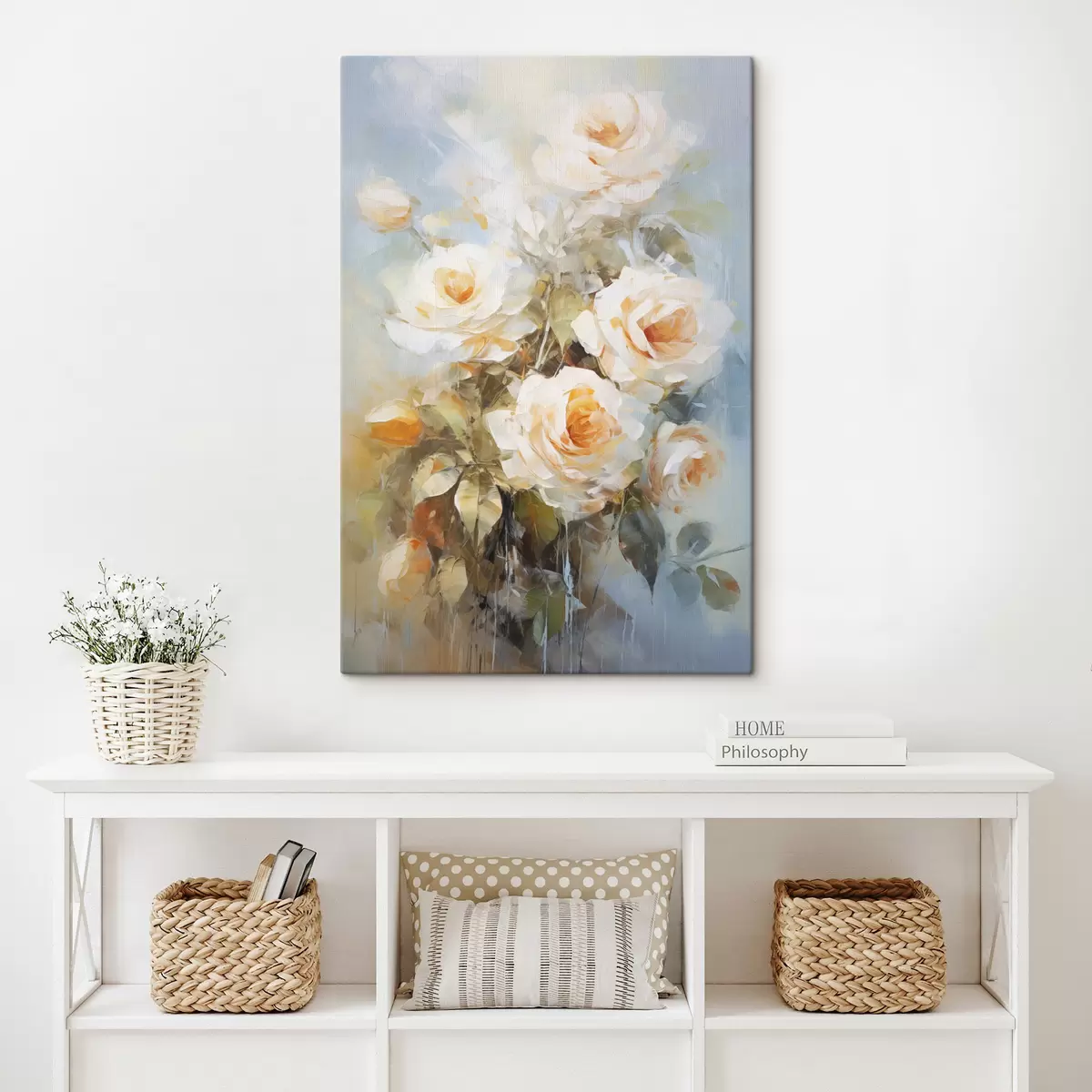 carta da parati Rose bianche e arancioni, su uno sfondo azzurro tenue, con pennellate visibili e stile pittorico nr. s43175