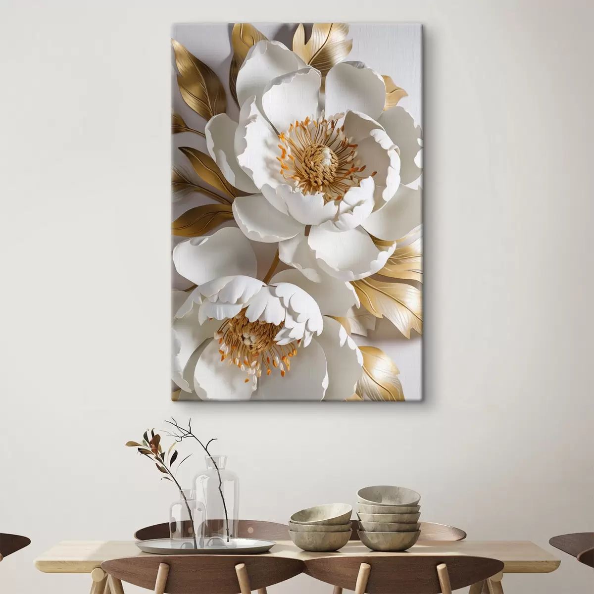 carta da parati Fiori di peonia bianchi, delicati e dettagliati, con foglie gialle, lo sfondo è di colore grigio chiaro nr. s43176