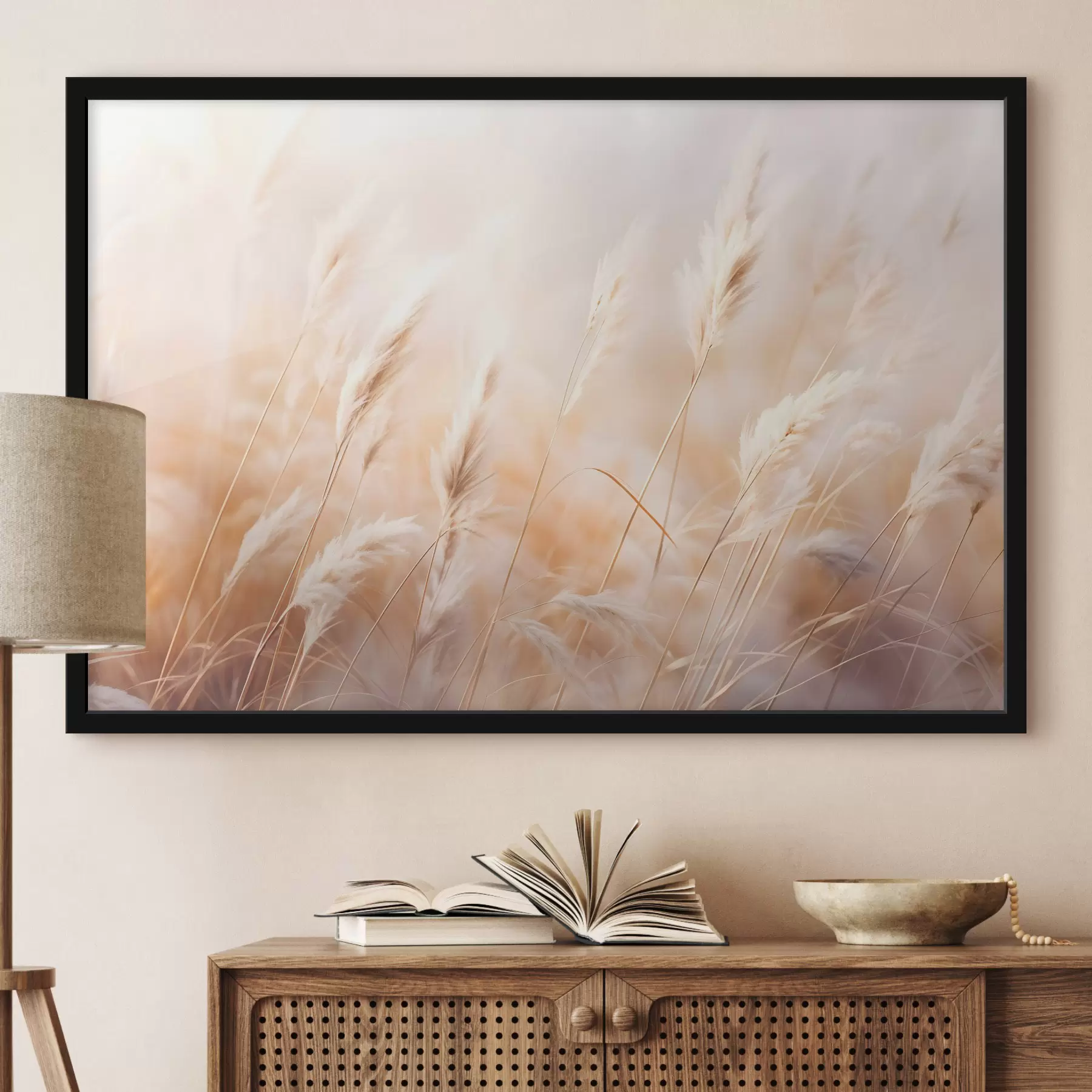 carta da parati Erba della Pampa con una luce morbida e diffusa, che crea un'atmosfera calda, lo sfondo è una miscela di colori pastello nr. f43157