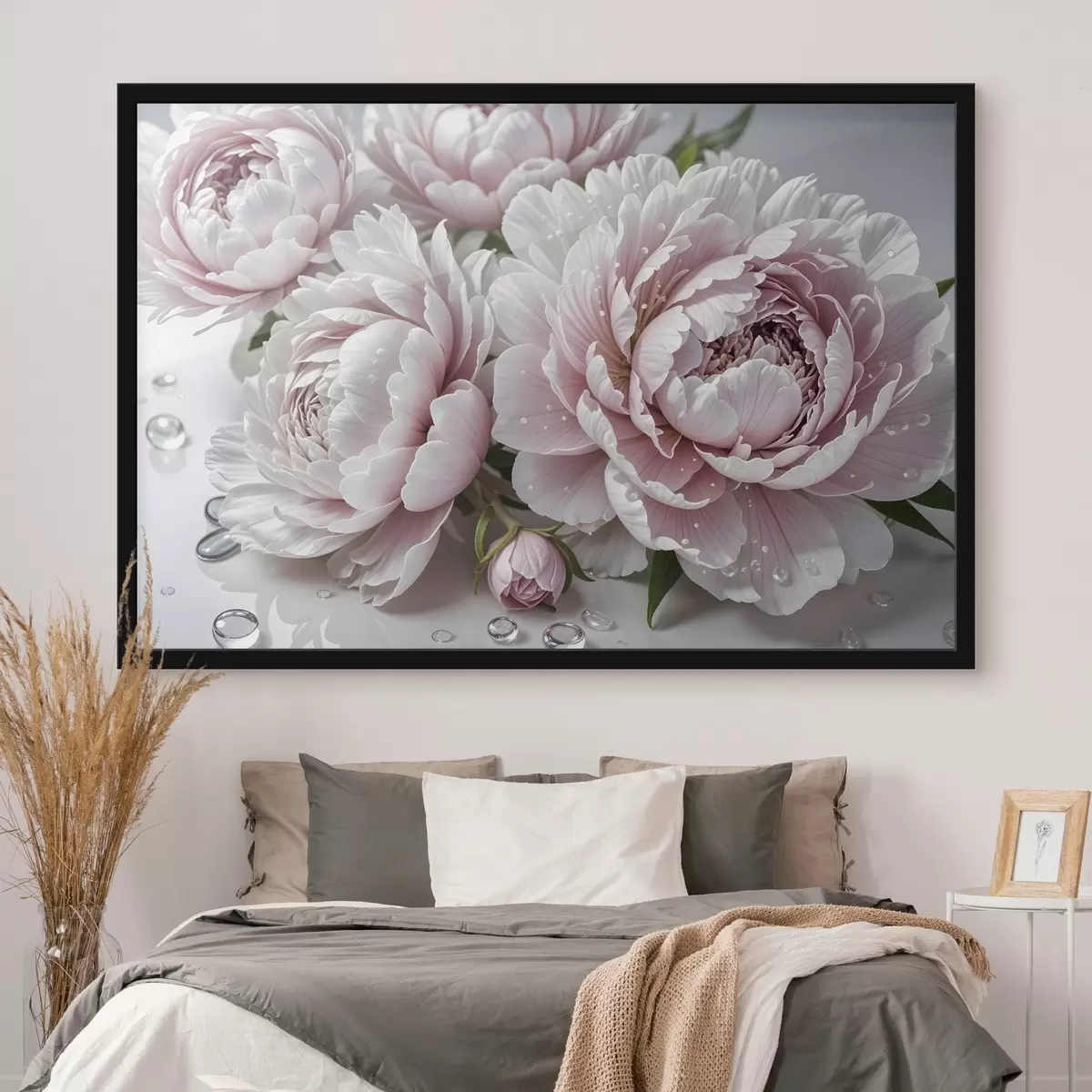 Poster Peonie bianche e rosa chiaro con gocce d'acqua sui petali, sullo sfondo una superficie bianca f43158