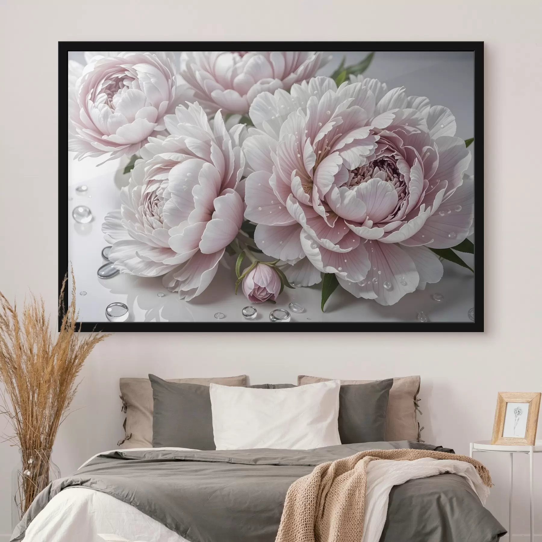 carta da parati Peonie bianche e rosa chiaro con gocce d'acqua sui petali, sullo sfondo una superficie bianca nr. f43158