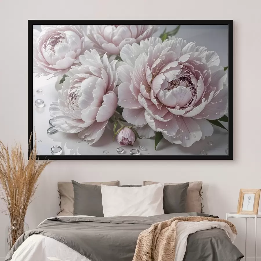 carta da parati Peonie bianche e rosa chiaro con gocce d'acqua sui petali, sullo sfondo una superficie bianca nr. f43158