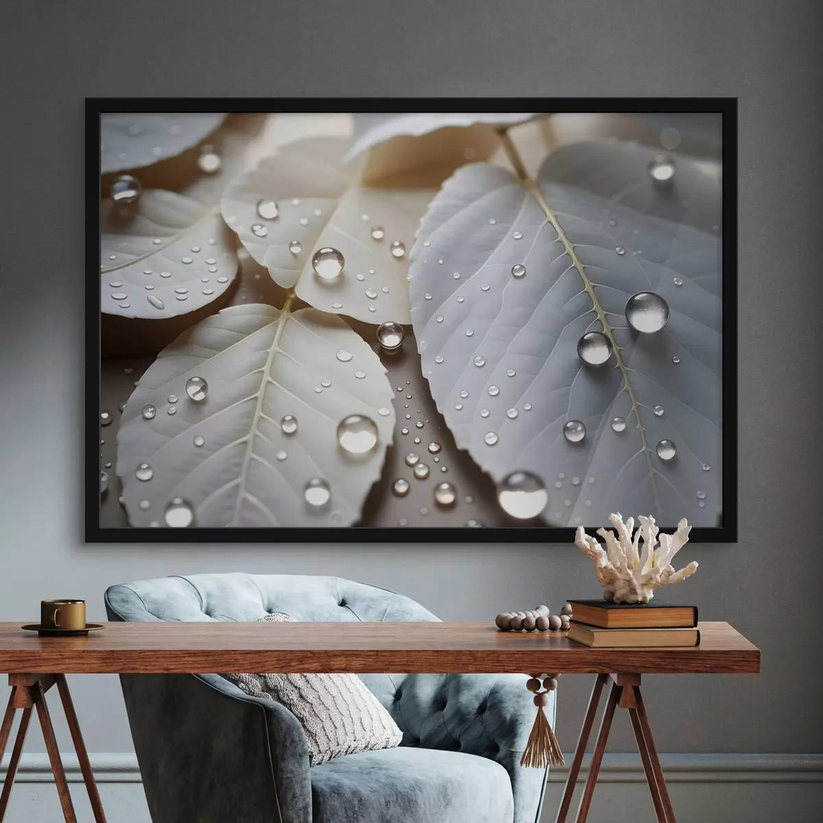 Poster Primo piano di foglie bianche ricoperte di gocce d'acqua, composizione minimalista, sfondo neutro f43159