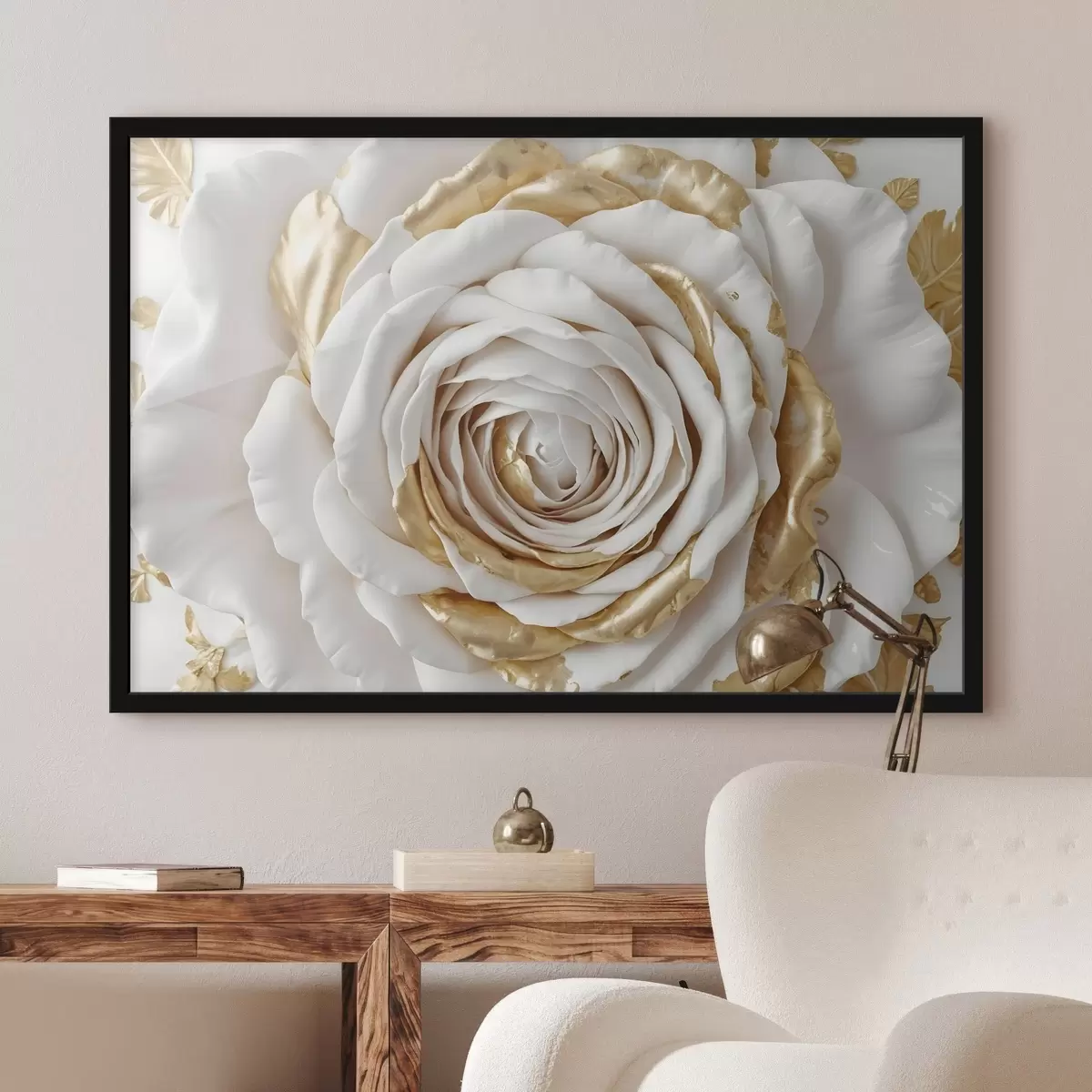 Poster Una rosa decorativa minimalista bianca con accenti gialli, i petali sono stratificati e arricciati f43160