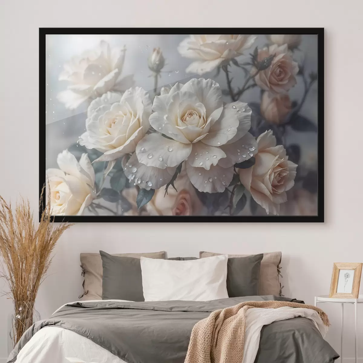 Poster Un gruppo di rose bianche con gocce d'acqua sui petali, alcune foglie verdi, sfondo tenue, luce soffusa f43163