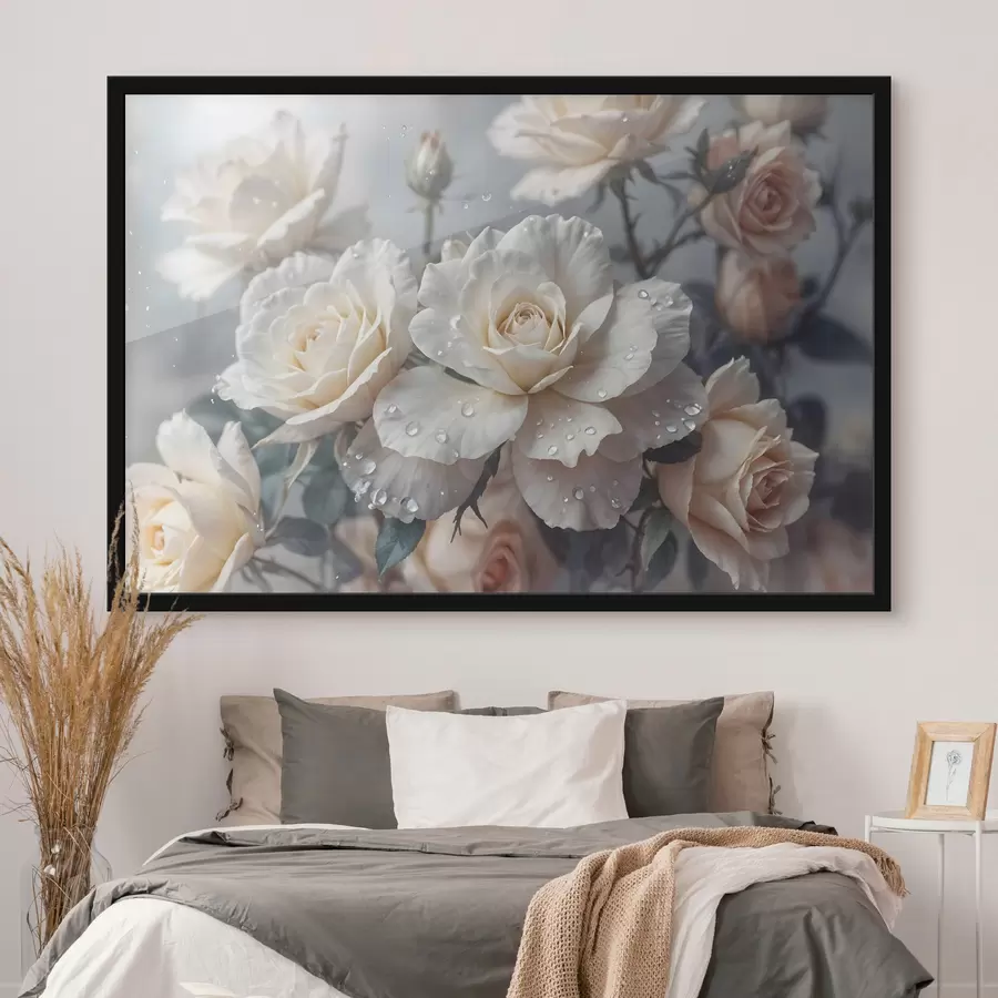 carta da parati Un gruppo di rose bianche con gocce d'acqua sui petali, alcune foglie verdi, sfondo tenue, luce soffusa nr. f43163