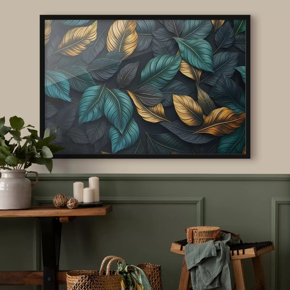 Poster Foglie verde scuro, gialle e nere con venature scure, su sfondo scuro, elegante atmosfera tropicale f43164