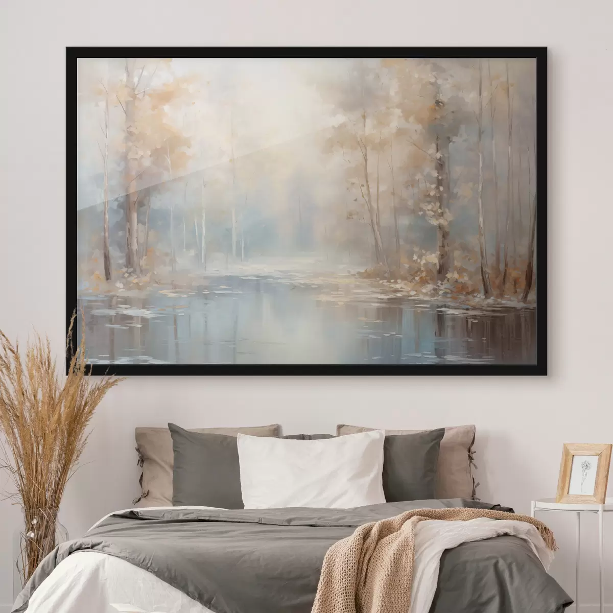 Poster Paesaggio pittura ad olio imitazione di un fiume calmo che riflette la luce morbida, circondato da alberi d'autunno f43167