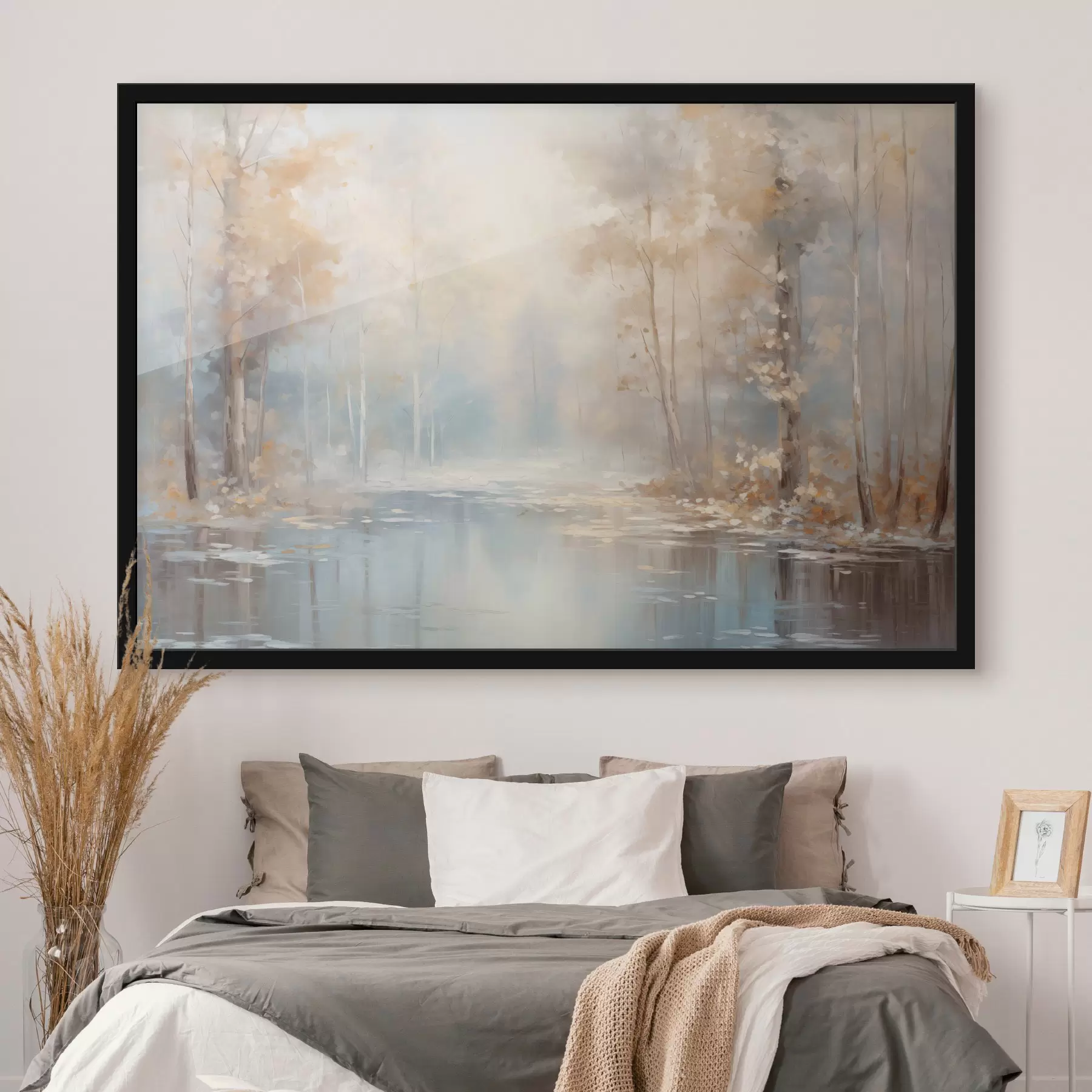 carta da parati Paesaggio pittura ad olio imitazione di un fiume calmo che riflette la luce morbida, circondato da alberi d'autunno nr. f43167