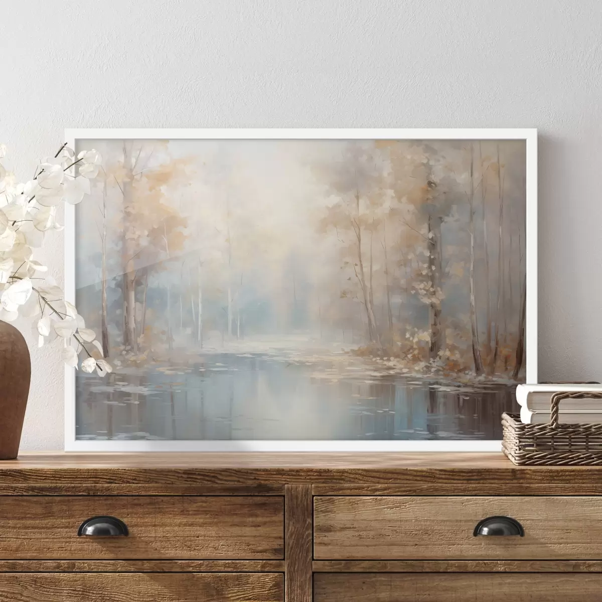 Poster Paesaggio pittura ad olio imitazione di un fiume calmo che riflette la luce morbida, circondato da alberi d'autunno f43167