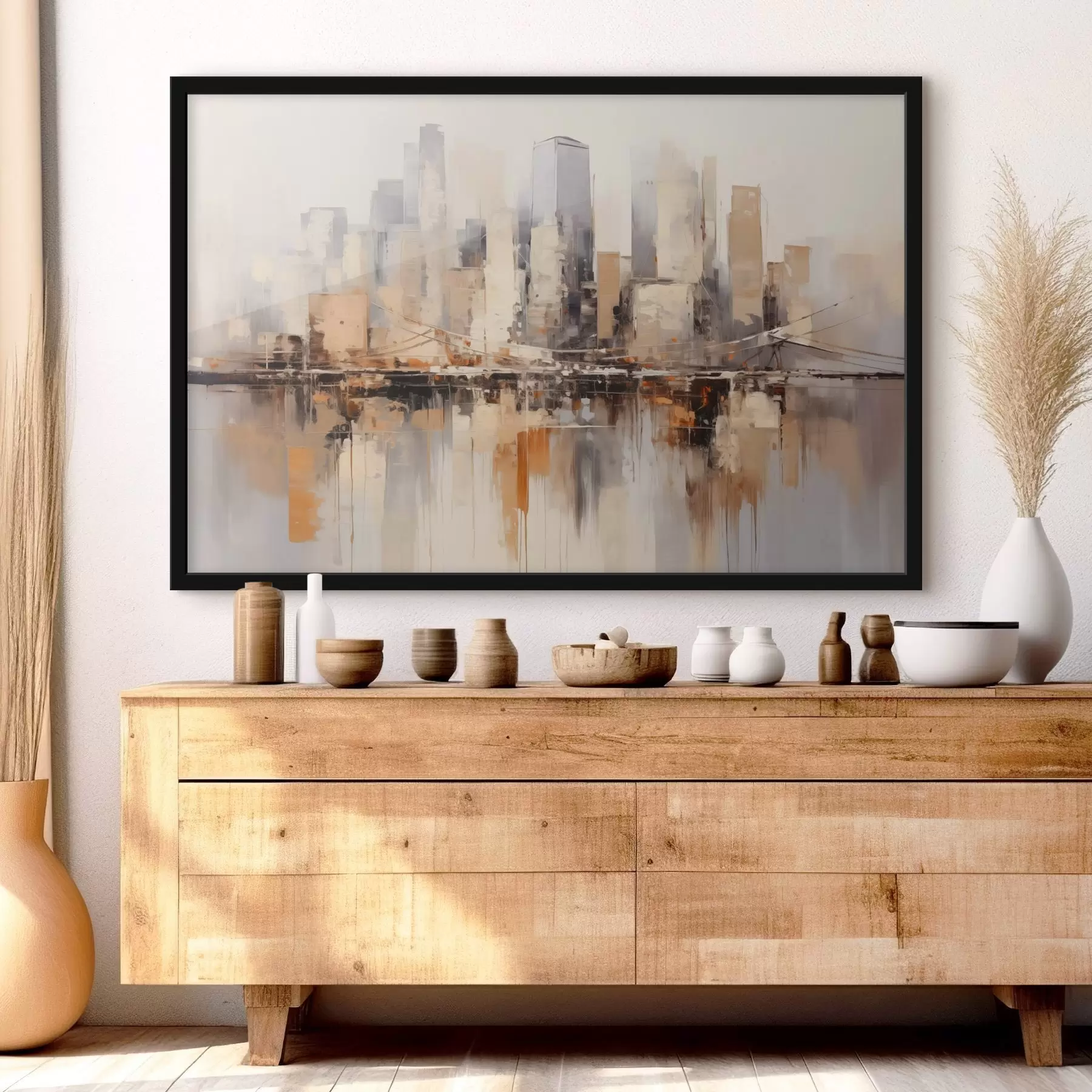 carta da parati Quadro astratto di paesaggio urbano con alti edifici nei toni del marrone, del grigio e del bianco, riflessi nell'acqua sottostante nr. f43168