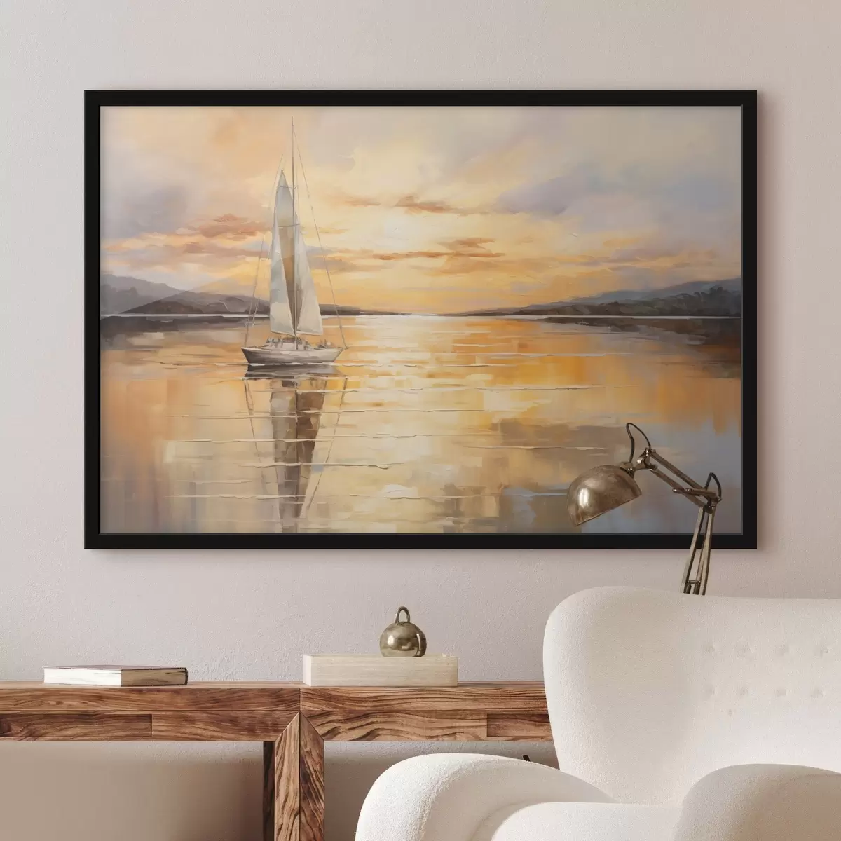 Poster Paesaggio dipinto con una barca a vela su un mare calmo, cielo arancione e giallo, montagne lontane f43169