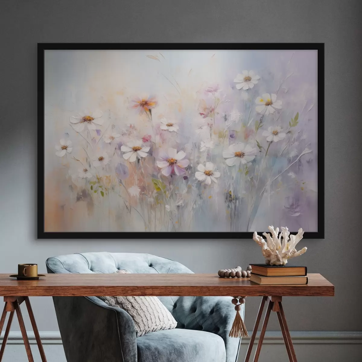 Poster Campo astratto strutturato di fiori bianchi e rosa, colori pastello tenui, pennellate delicate, prato floreale f43170