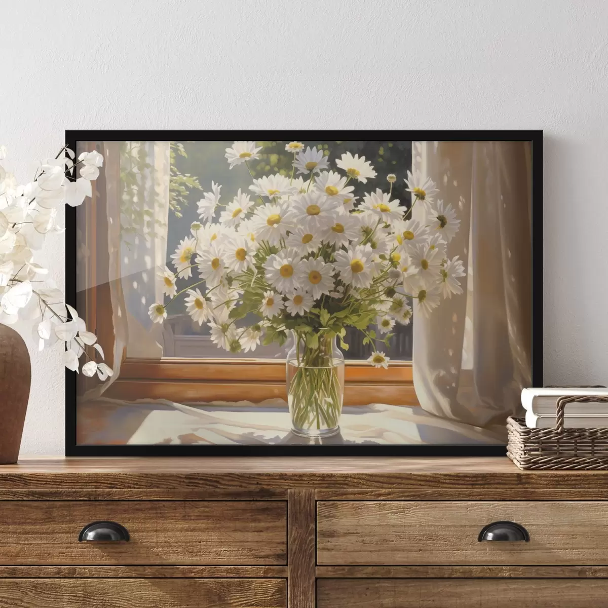 Poster Pittura a olio imitazione di un vaso con margherite bianche su un davanzale, giornata di sole, tavolozza di colori caldi f43171