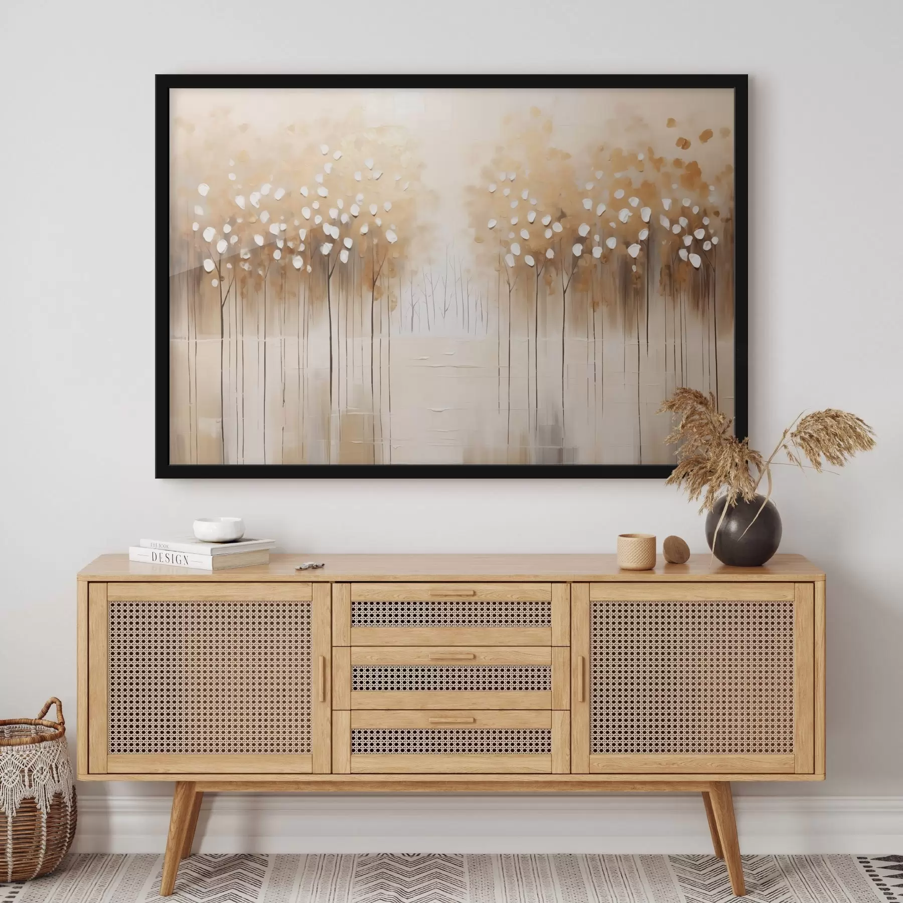 carta da parati Pittura a olio imitazione di alberi marroni con foglie bianche in una foresta con un fiume al centro, sfondo bianco nr. f43172