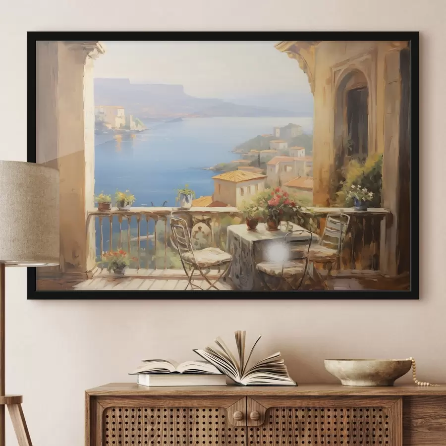 carta da parati Pittura ad olio imitazione di balcone con fiori, con vista sul mare, case sulla costa, giornata di sole, cielo blu nr. f43173