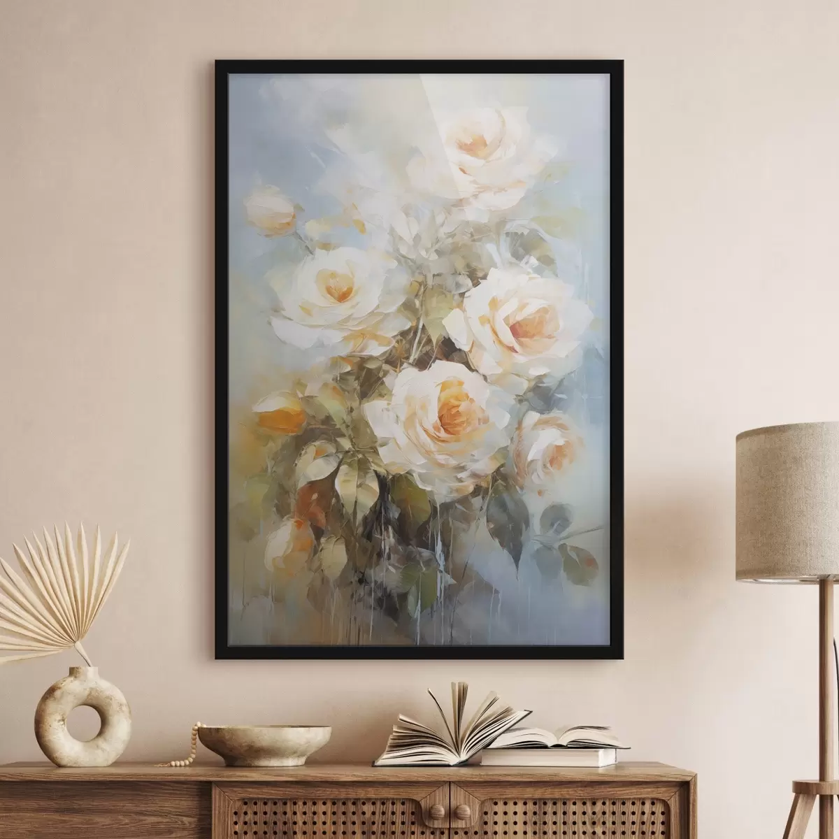 Poster Rose bianche e arancioni, su uno sfondo azzurro tenue, con pennellate visibili e stile pittorico f43175