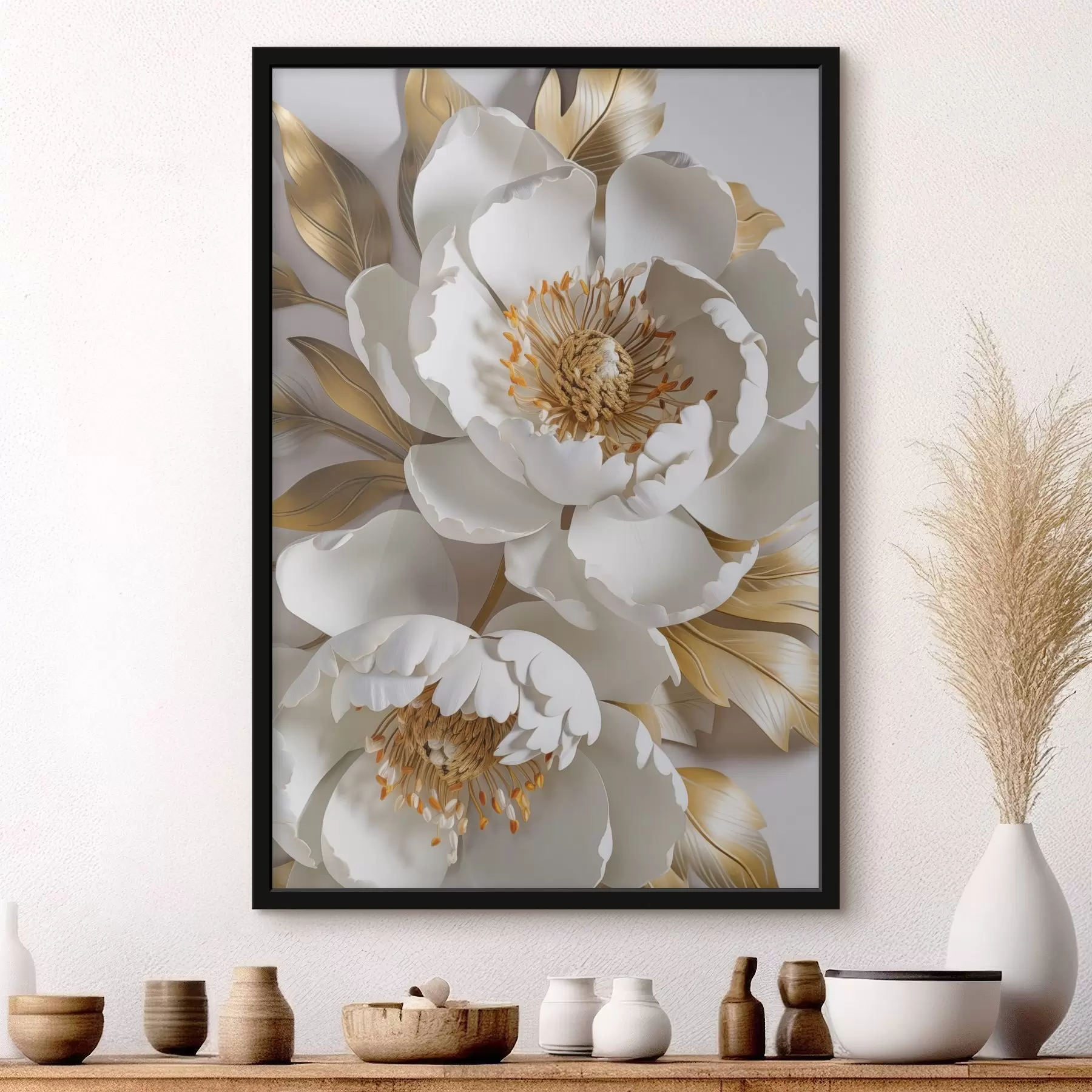 carta da parati Fiori di peonia bianchi, delicati e dettagliati, con foglie gialle, lo sfondo è di colore grigio chiaro nr. f43176