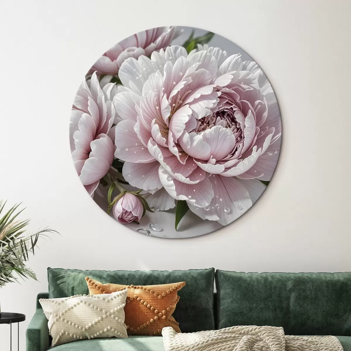 Quadri rotondi Peonie bianche e rosa chiaro con gocce d'acqua sui petali, sullo sfondo una superficie bianca r43158