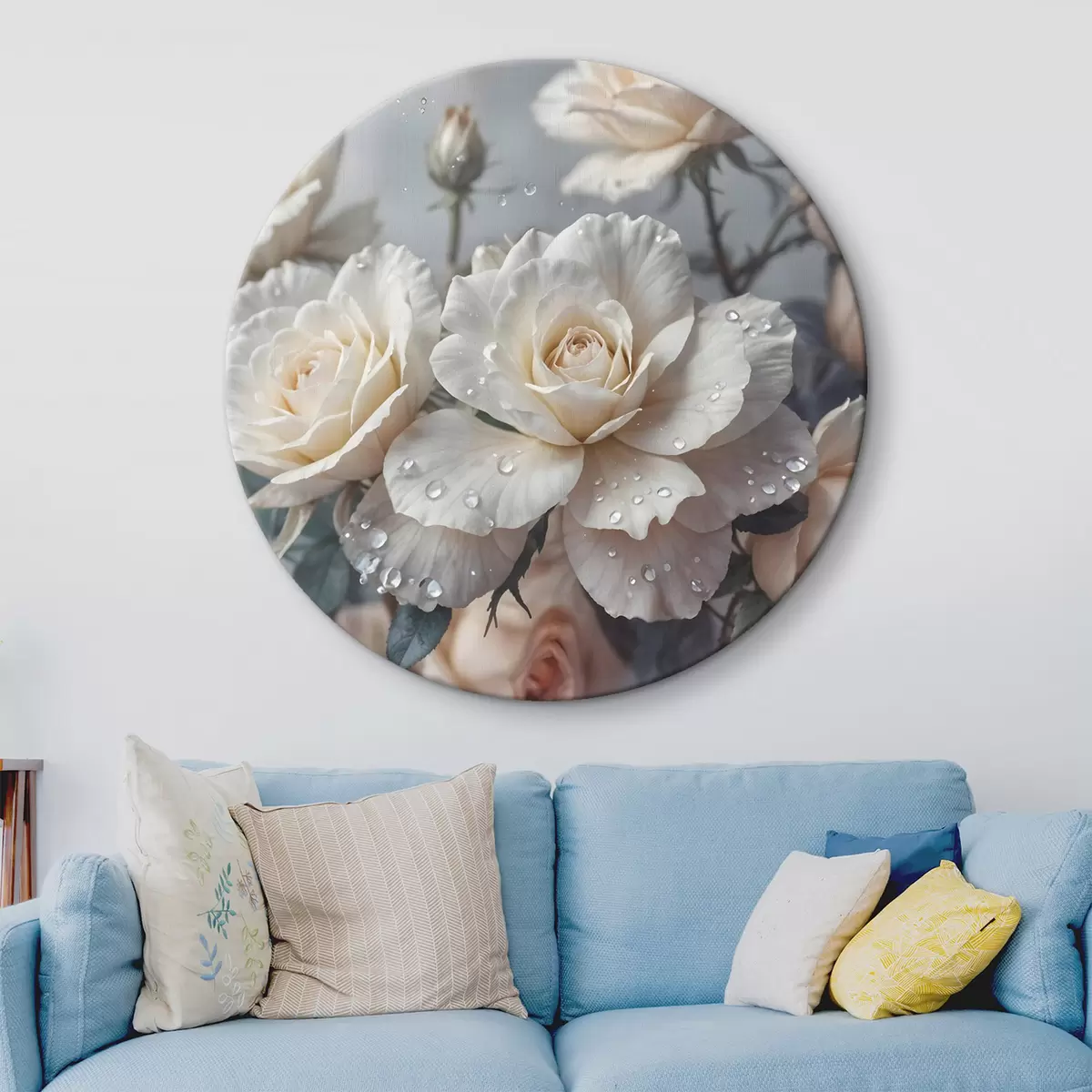 Quadri rotondi Un gruppo di rose bianche con gocce d'acqua sui petali, alcune foglie verdi, sfondo tenue, luce soffusa r43163