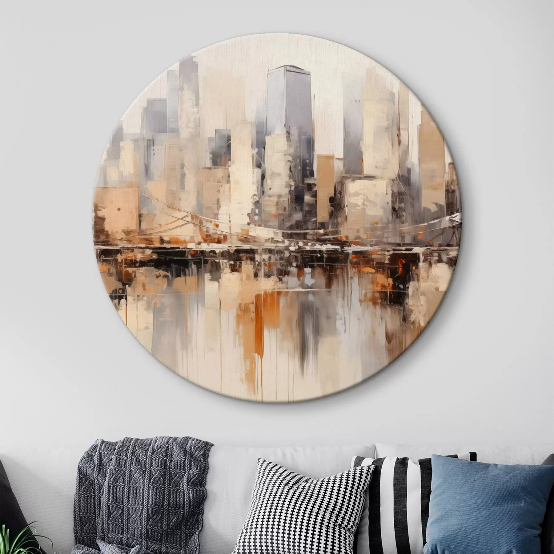 carta da parati Quadro astratto di paesaggio urbano con alti edifici nei toni del marrone, del grigio e del bianco, riflessi nell'acqua sottostante nr. r43168