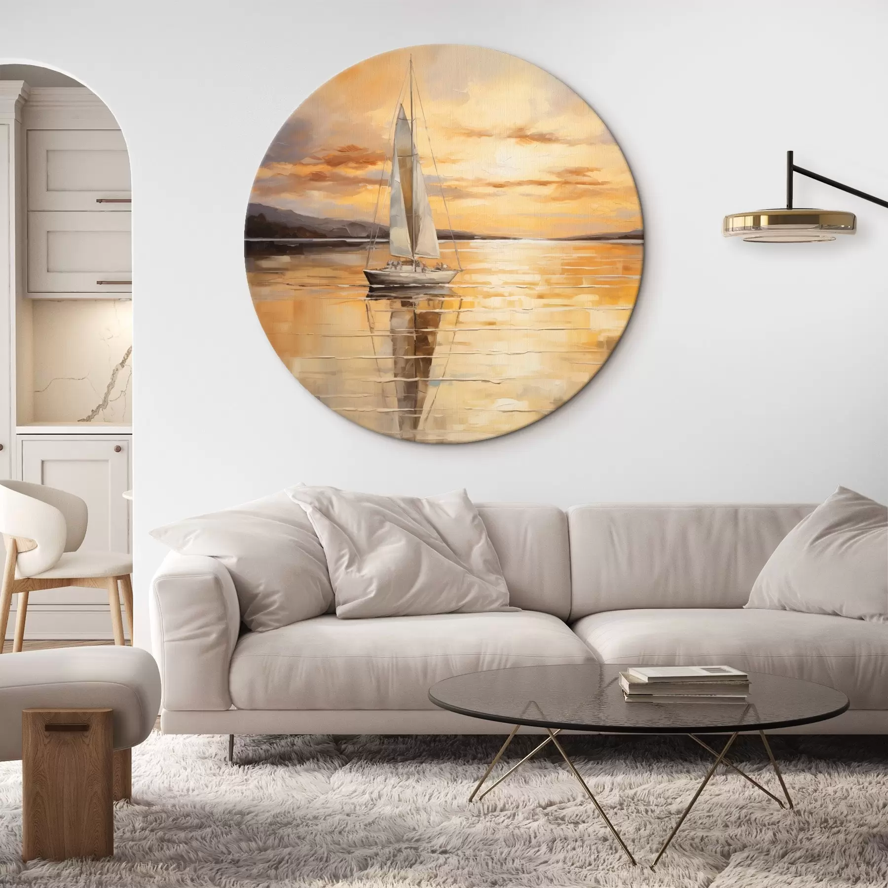 carta da parati Paesaggio dipinto con una barca a vela su un mare calmo, cielo arancione e giallo, montagne lontane nr. r43169