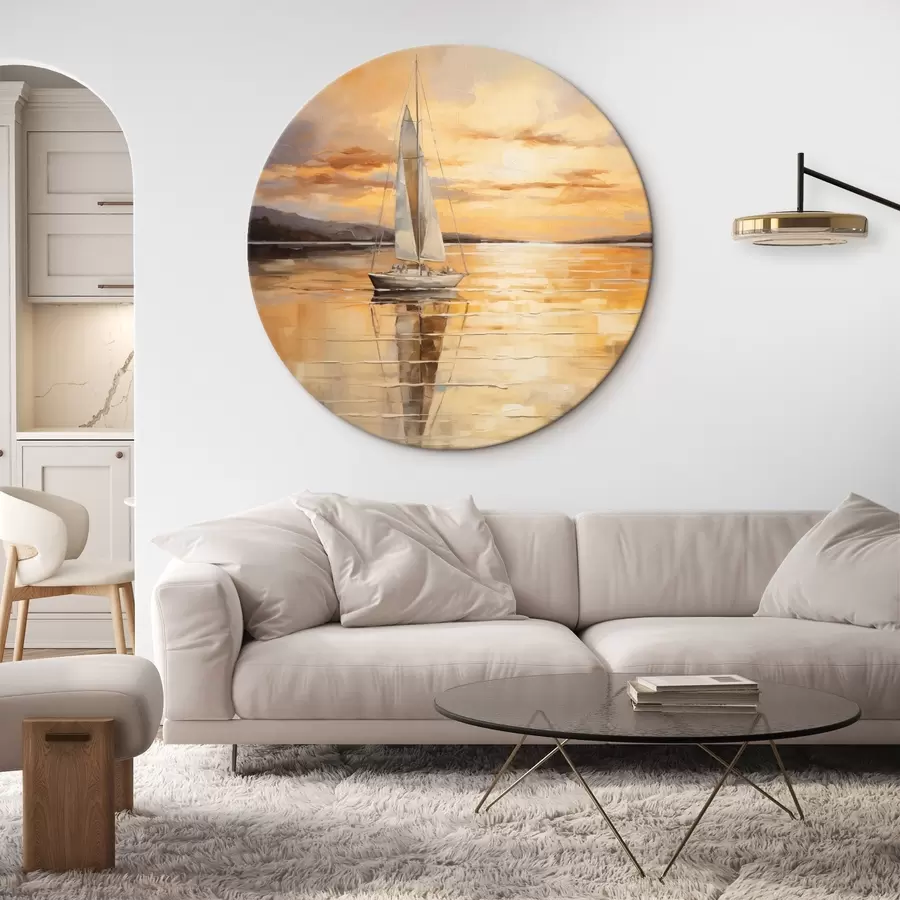 carta da parati Paesaggio dipinto con una barca a vela su un mare calmo, cielo arancione e giallo, montagne lontane nr. r43169