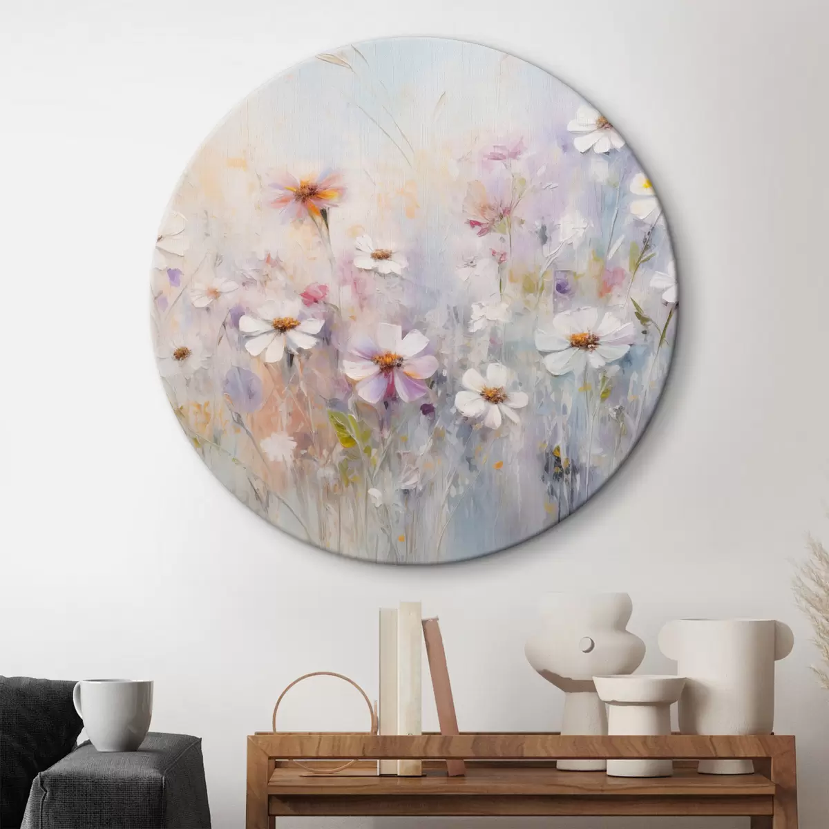 Quadri rotondi Campo astratto strutturato di fiori bianchi e rosa, colori pastello tenui, pennellate delicate, prato floreale r43170