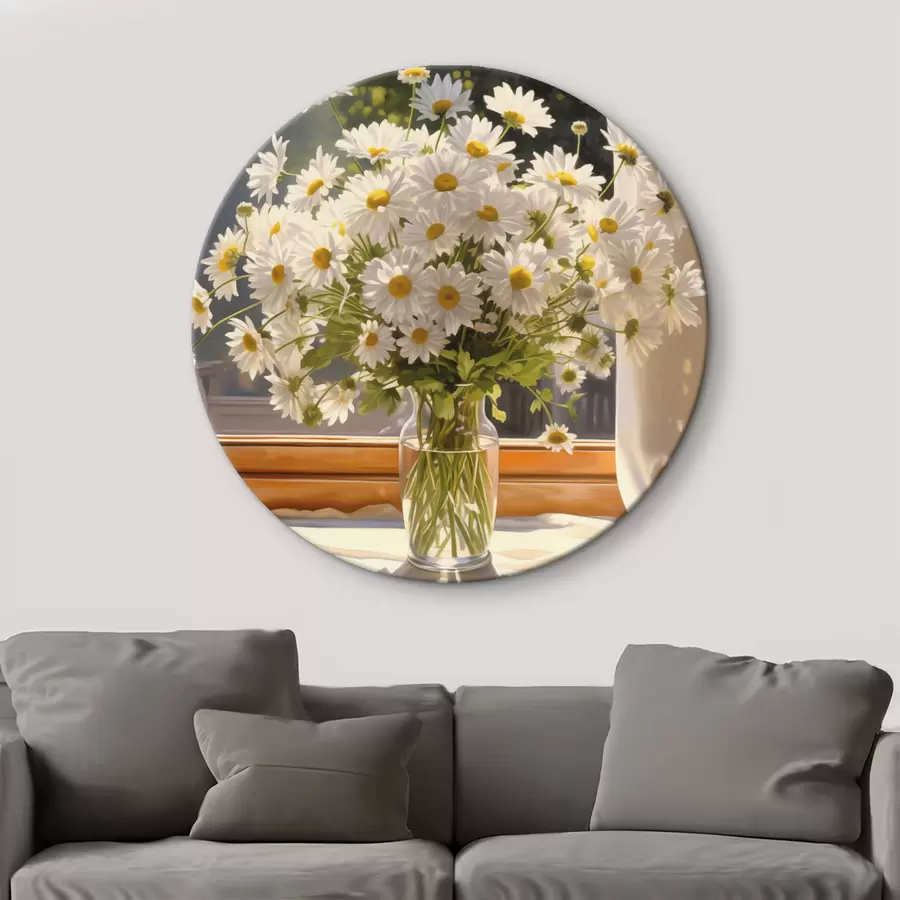 carta da parati Pittura a olio imitazione di un vaso con margherite bianche su un davanzale, giornata di sole, tavolozza di colori caldi nr. r43171