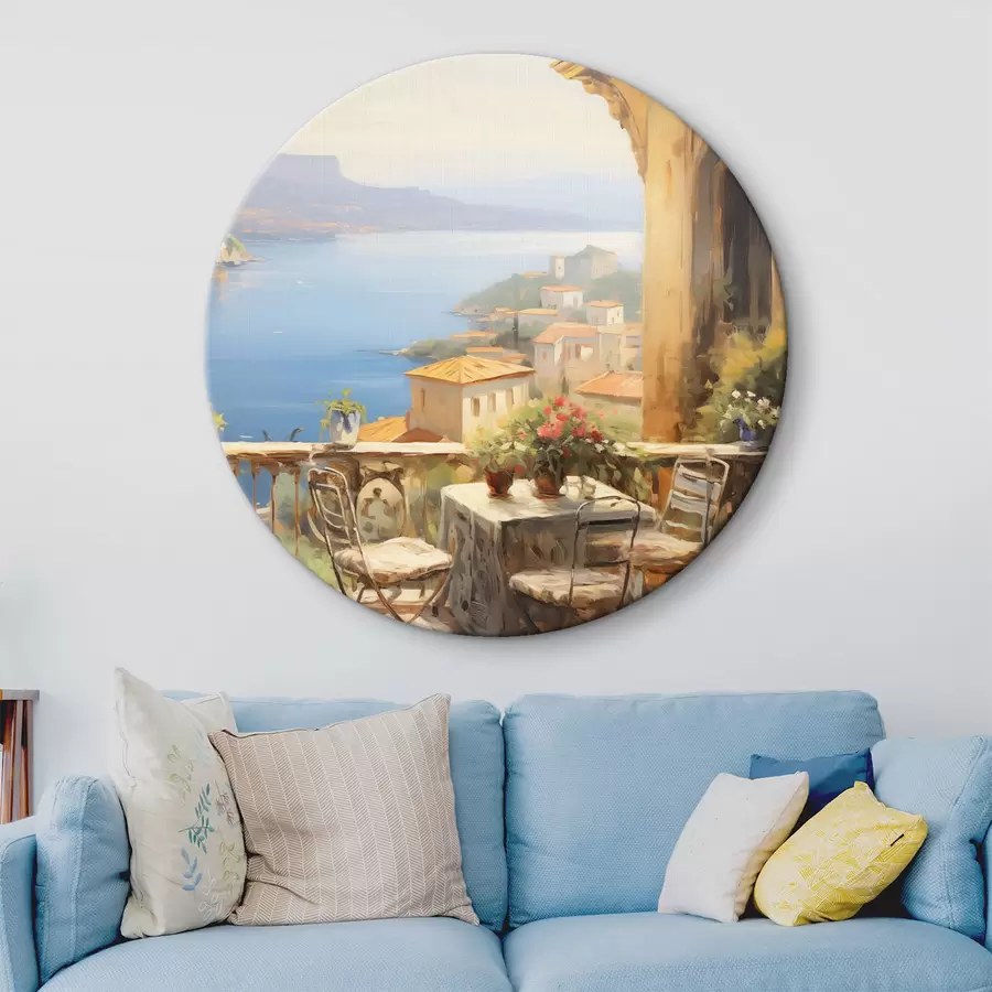 carta da parati Pittura ad olio imitazione di balcone con fiori, con vista sul mare, case sulla costa, giornata di sole, cielo blu nr. r43173