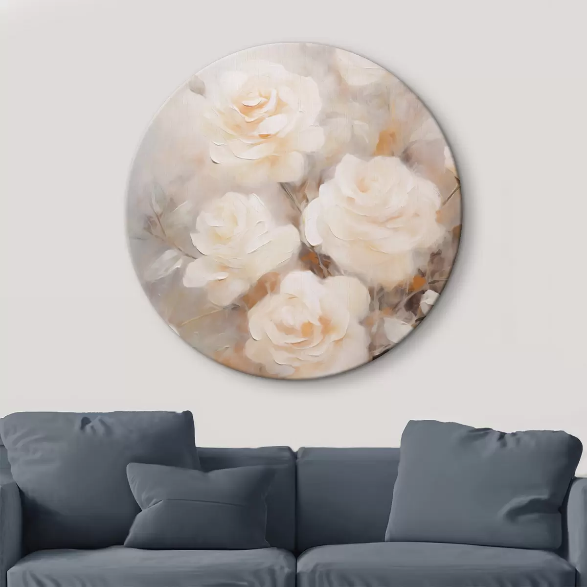 Quadri rotondi Rose bianche con petali morbidi, con uno sfondo di colori tenui e forme sfocate, che creano un effetto sognante r43177