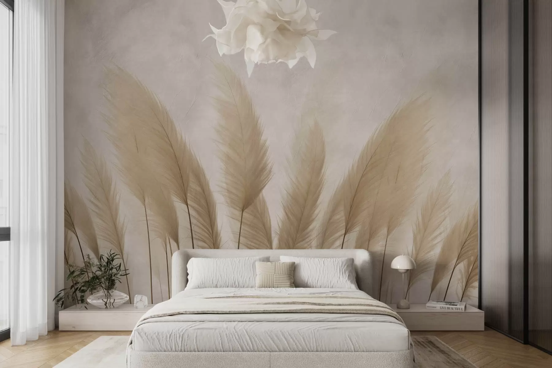 Carta da parati Tropici della Foresta Piante alte su sfondo beige chiaro n. w08857