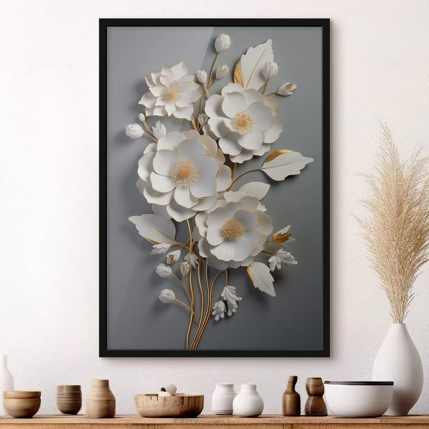 carta da parati Fiori volumetrici su sfondo grigio nr. f43128